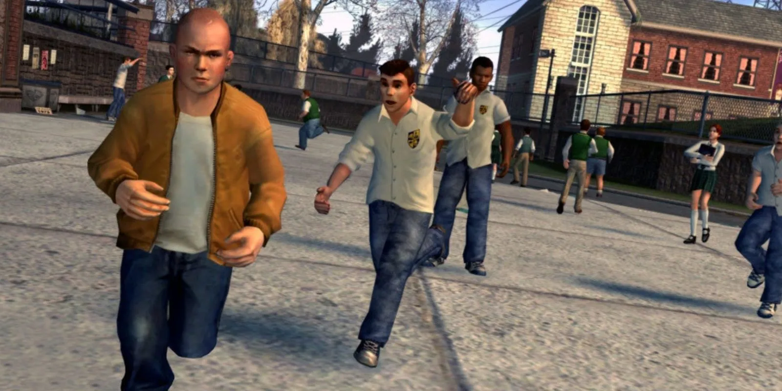 Hình ảnh từ game Bully, các nhân vật học sinh đang chạy trên sân trường, gợi nhớ không khí học đường độc đáo của trò chơi
