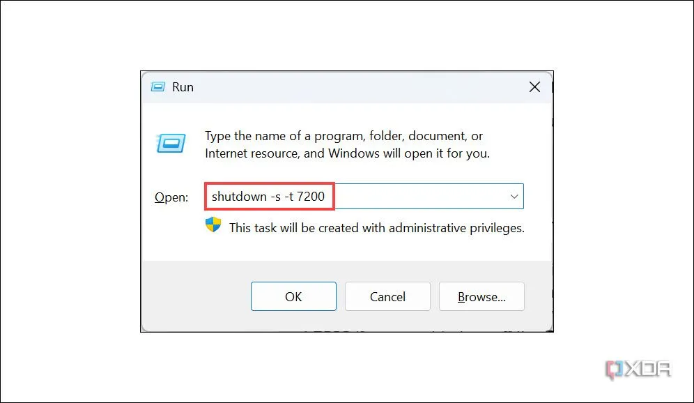 Hộp thoại Run trên Windows với lệnh shutdown -s -t 7200 để hẹn giờ tắt máy