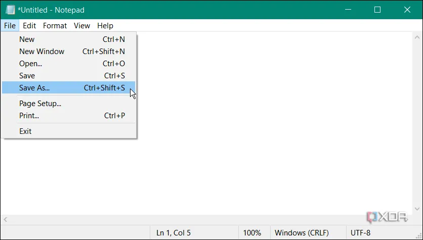Hộp thoại &quot;Save As&quot; trong Notepad trên Windows, thể hiện giới hạn tính năng của trình soạn thảo mặc định