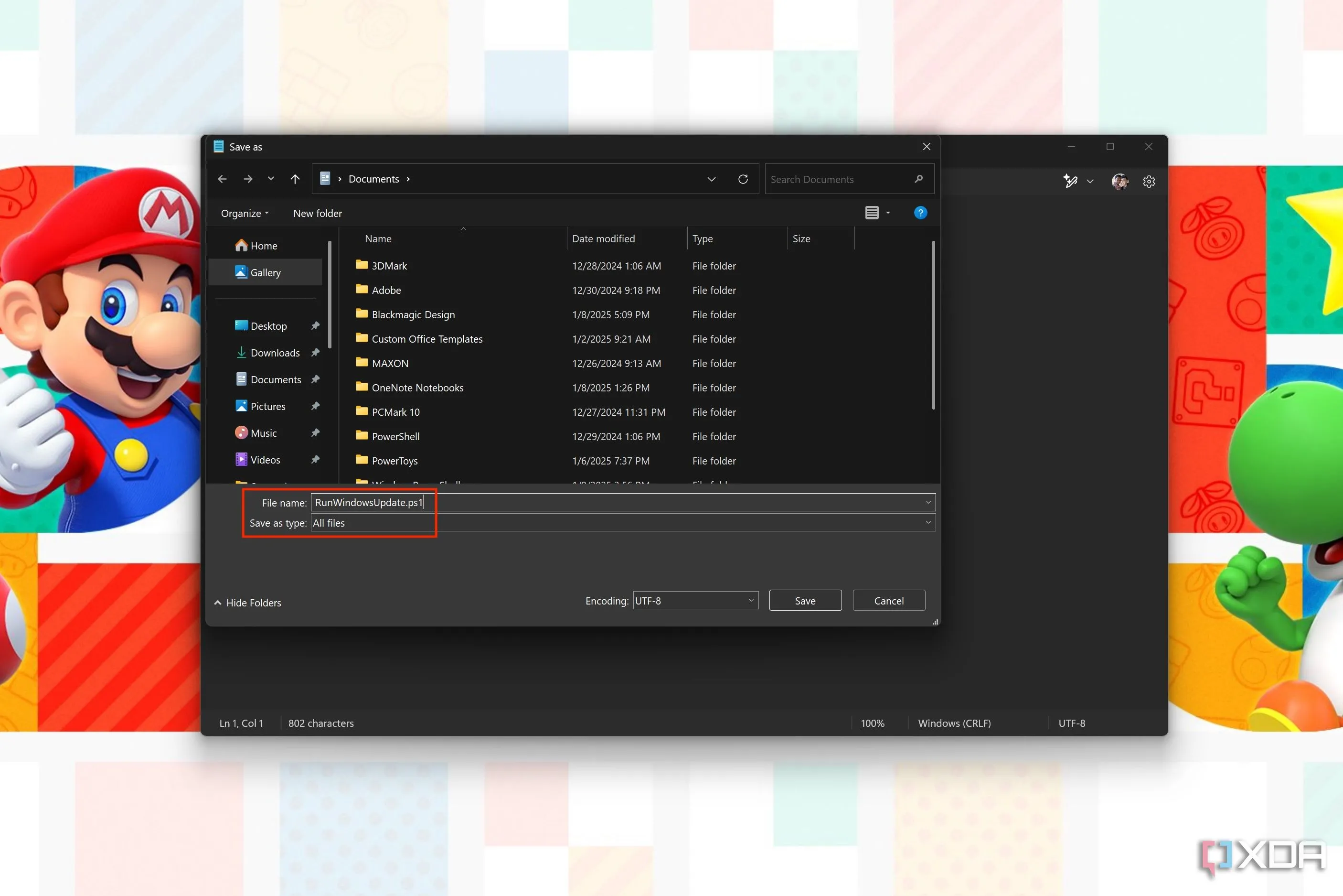Hộp thoại Save As trong Notepad với loại file &quot;All Files&quot; và tên file .ps1 cho script tự động cập nhật Windows