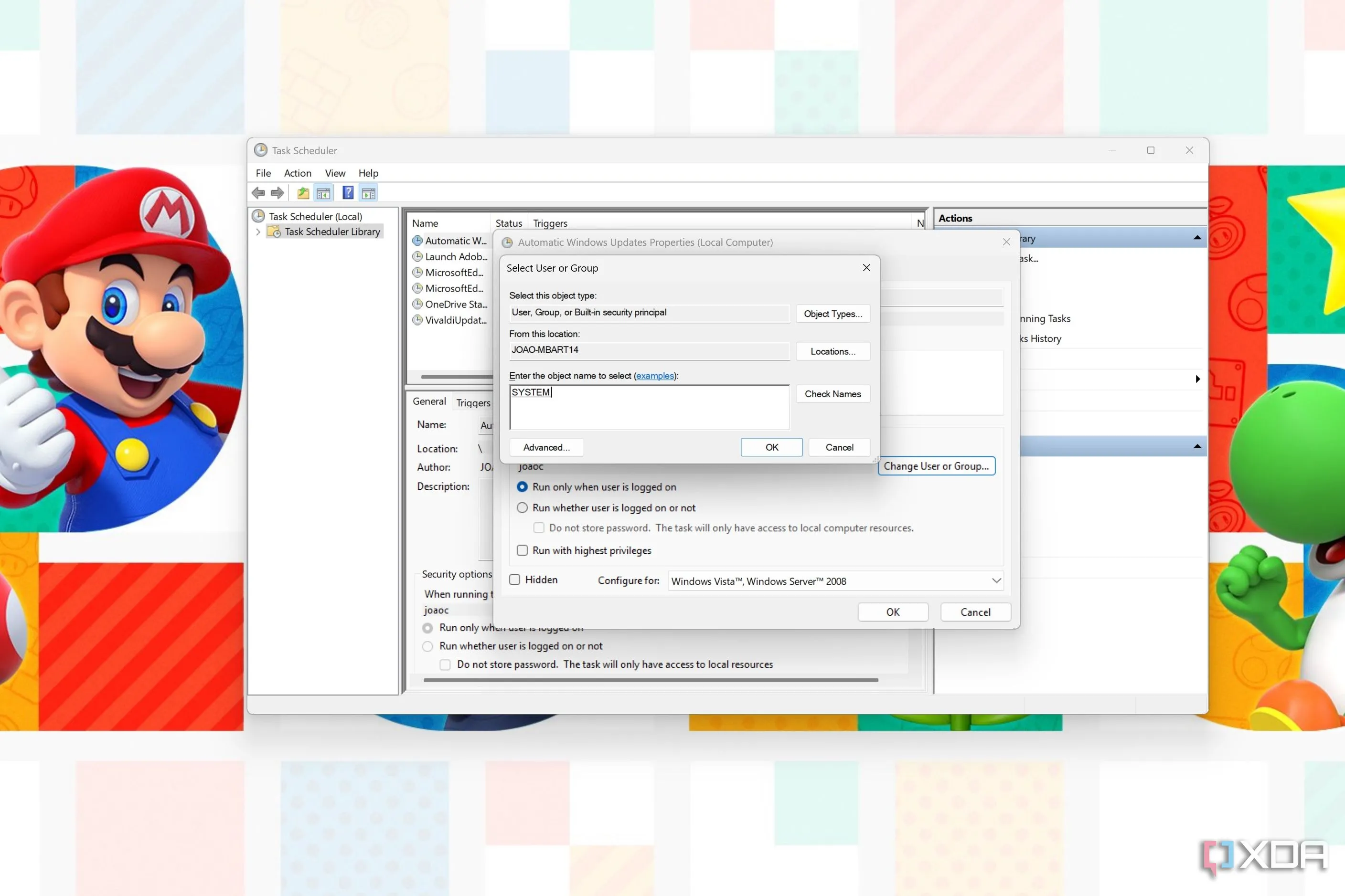 Hộp thoại &quot;Select User or Group&quot; trong Task Scheduler, cho phép chọn tài khoản System để chạy tác vụ tự động cập nhật Windows