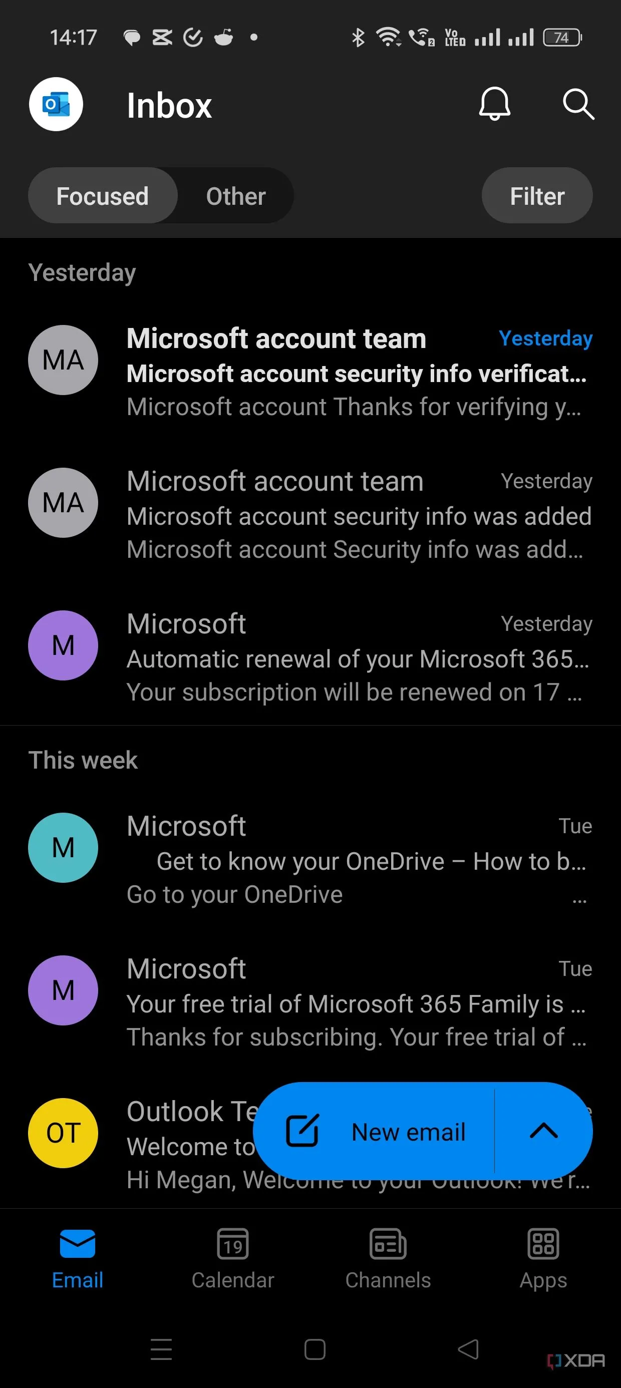 Hộp thư đến email trên ứng dụng Outlook di động