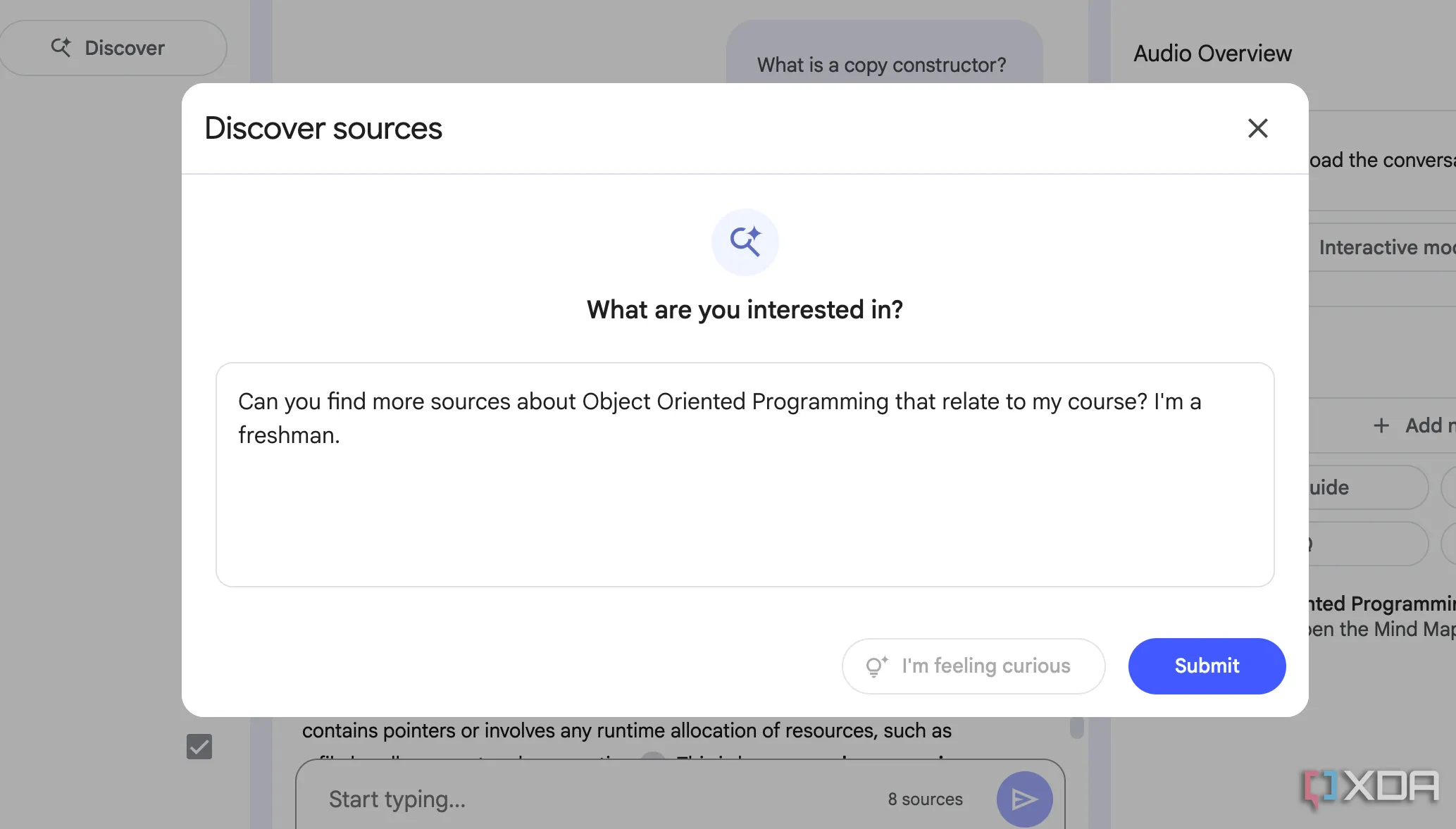 Hộp văn bản tính năng &quot;Discover Sources&quot; của NotebookLM, cho phép người dùng mô tả loại nguồn cần tìm