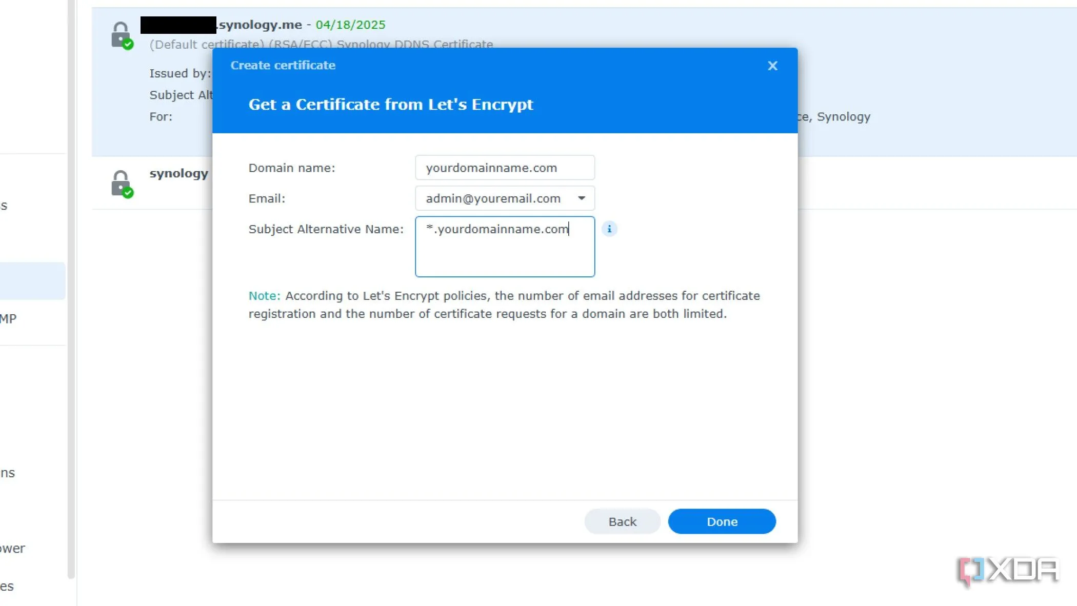 Hướng dẫn điền thông tin để tạo chứng chỉ SSL Wildcard trên Synology, bao gồm hostname và email.
