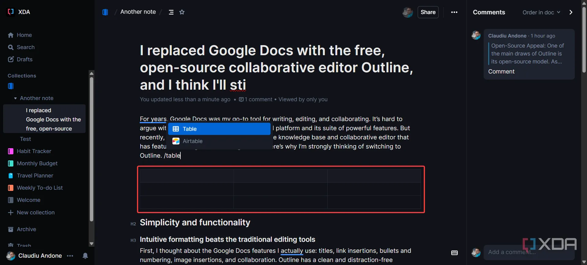 Hướng dẫn sử dụng lệnh /table để chèn bảng trong ứng dụng Outline
