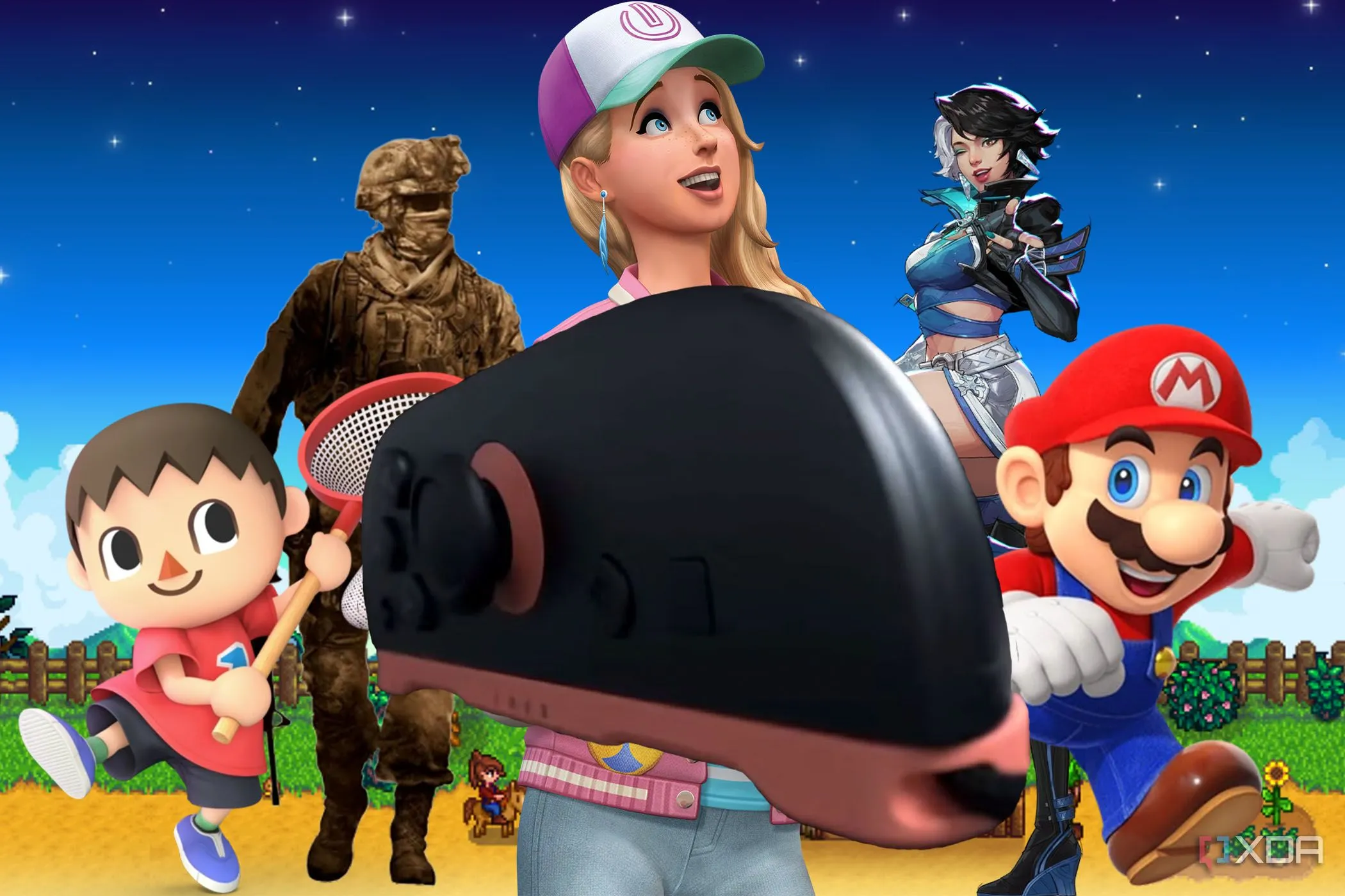 Joy-Con Nintendo Switch 2 và các nhân vật game bao quanh, thể hiện tính năng chuột