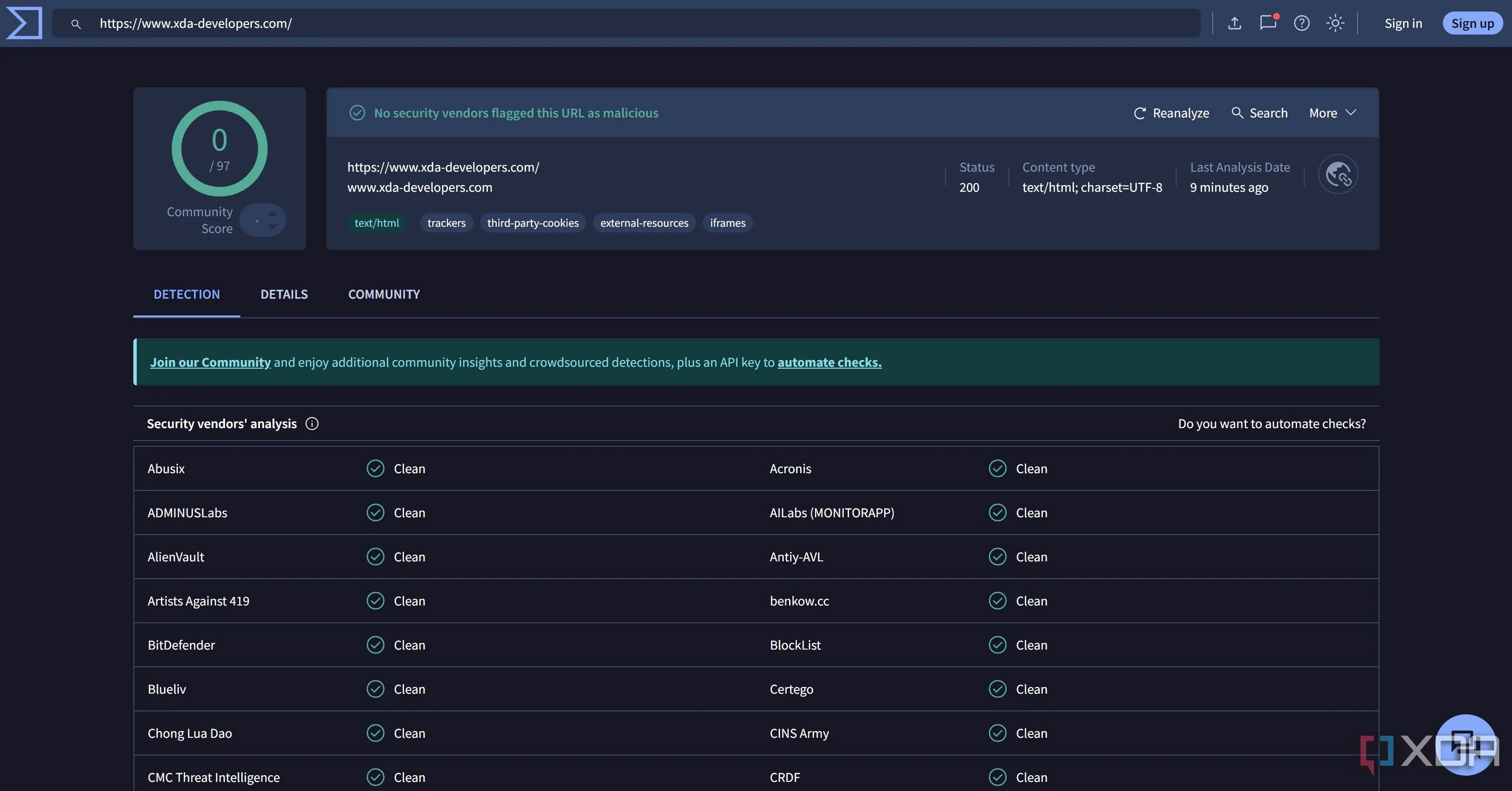 Kết quả quét URL của VirusTotal, hiển thị các công cụ antivirus đã kiểm tra và phát hiện mối đe dọa.
