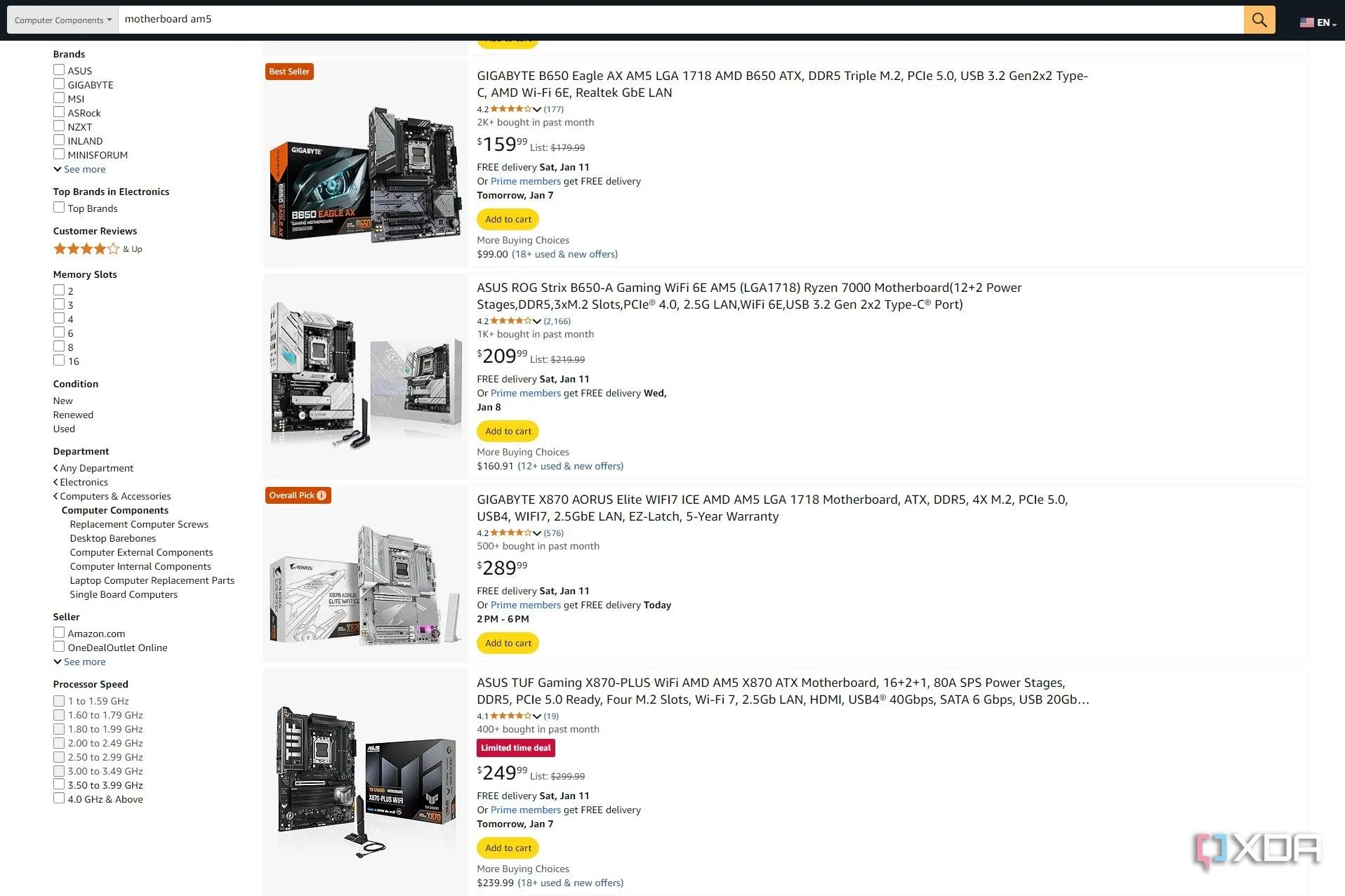 Kết quả tìm kiếm bo mạch chủ AM5 trên Amazon hiển thị Gigabyte X870 Aorus Elite ICE là &quot;Overall Pick&quot;