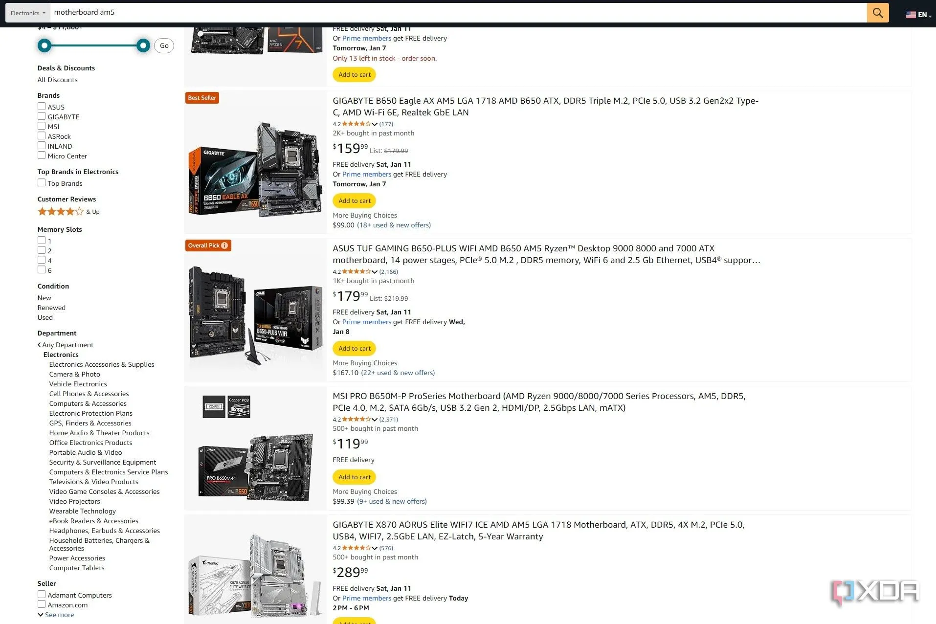 Kết quả tìm kiếm bo mạch chủ AM5 trên Amazon với Asus TUF Gaming B650-Plus Wi-Fi là &quot;Overall Pick&quot;