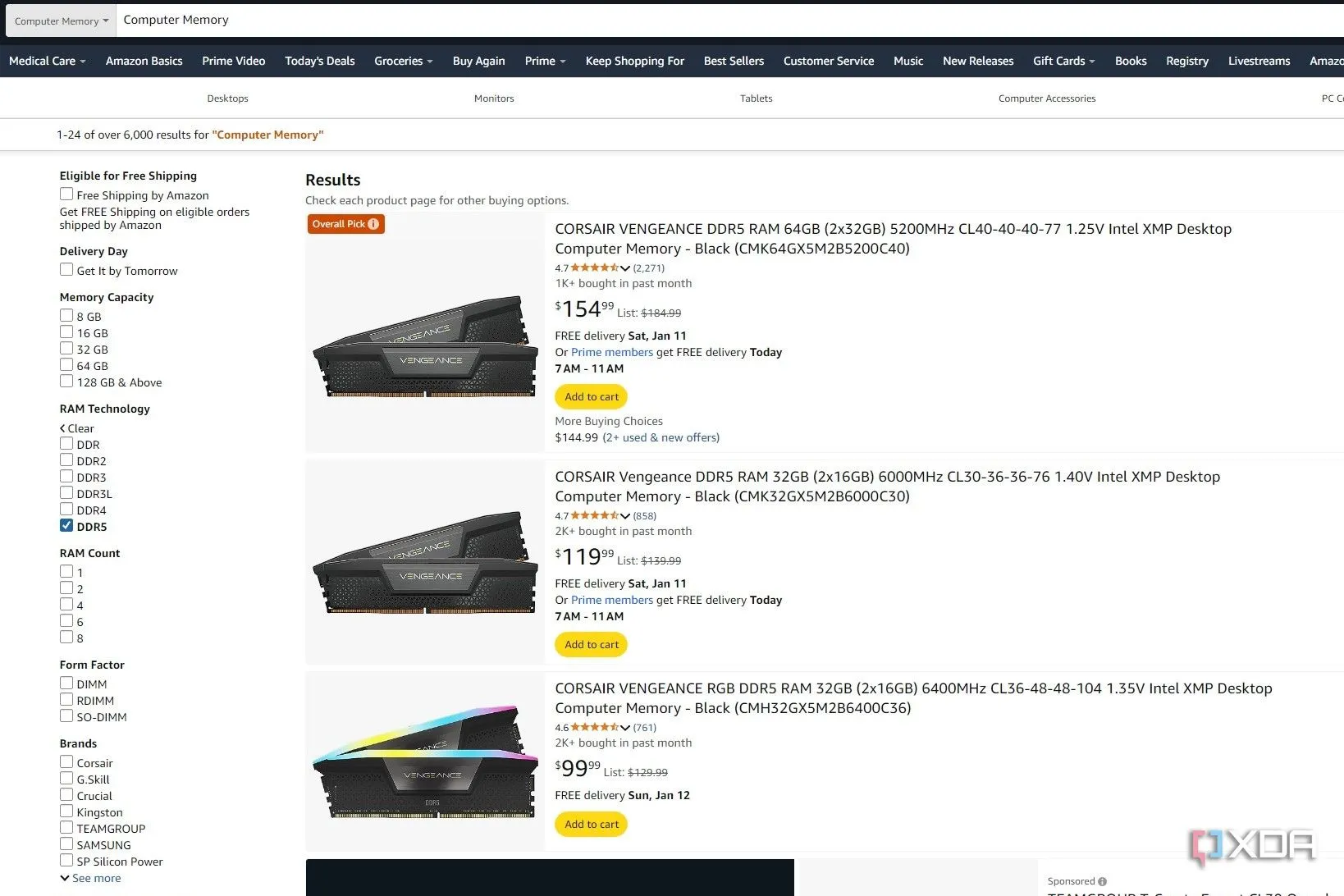 Kết quả tìm kiếm bộ nhớ máy tính trên Amazon hiển thị Corsair Vengeance DDR5 5,200MT/s CL40 64GB là &quot;Overall Pick&quot;