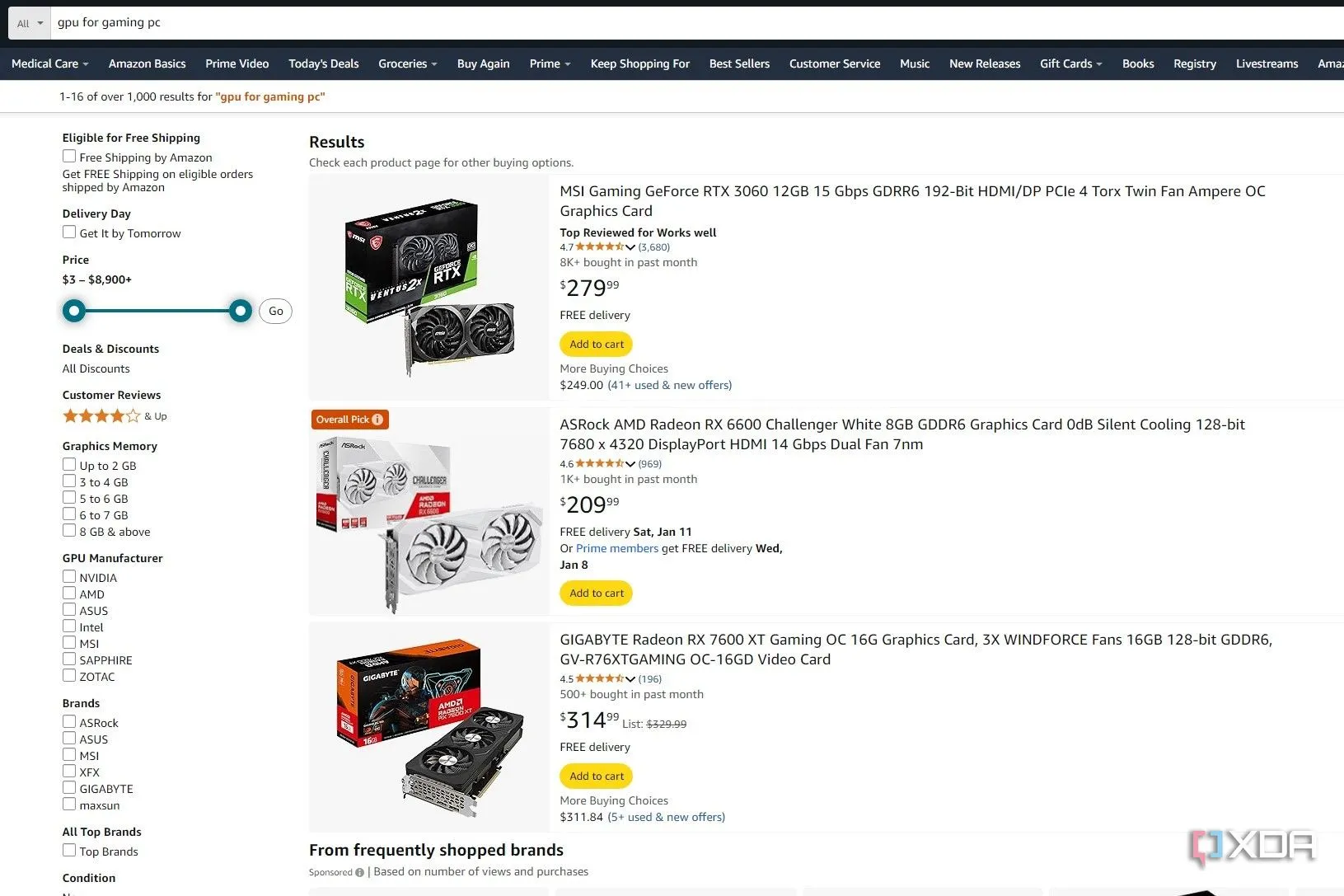 Kết quả tìm kiếm GPU cho PC gaming trên Amazon hiển thị AMD Radeon RX 6600 Challenger White là &quot;Overall Pick&quot;