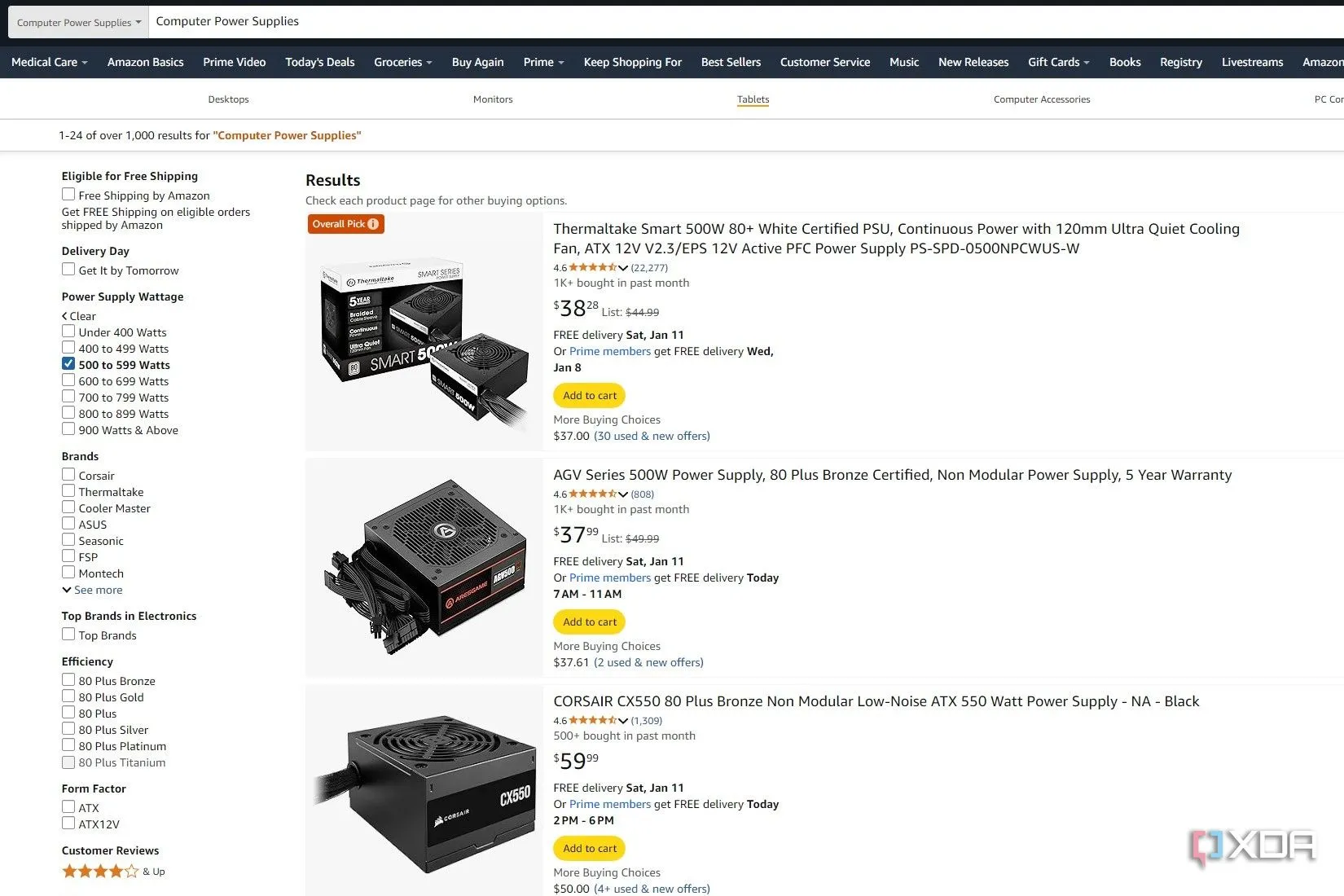 Kết quả tìm kiếm nguồn máy tính trên Amazon hiển thị Thermaltake Smart 500W 80+ White PSU là &quot;Overall Pick&quot;
