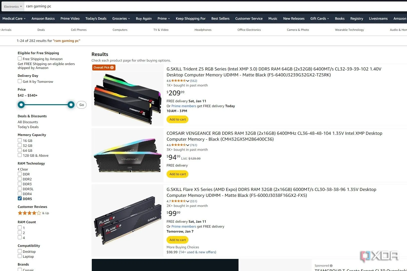 Kết quả tìm kiếm RAM cho PC gaming trên Amazon hiển thị G.Skill Trident Z5 RGB DDR5 6,400MT/s CL32 64GB là &quot;Overall Pick&quot;