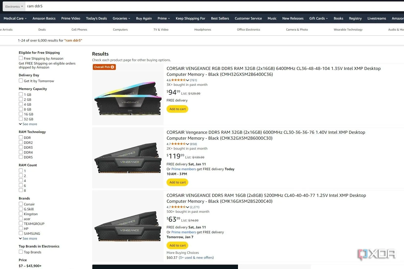 Kết quả tìm kiếm RAM DDR5 trên Amazon hiển thị Corsair Vengeance RGB DDR5 6,400MT/s CL36 32GB là &quot;Overall Pick&quot;