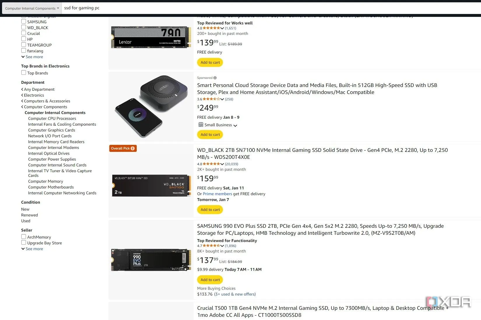 Kết quả tìm kiếm SSD cho PC gaming trên Amazon hiển thị WD SN7100 2TB SSD là &quot;Overall Pick&quot;