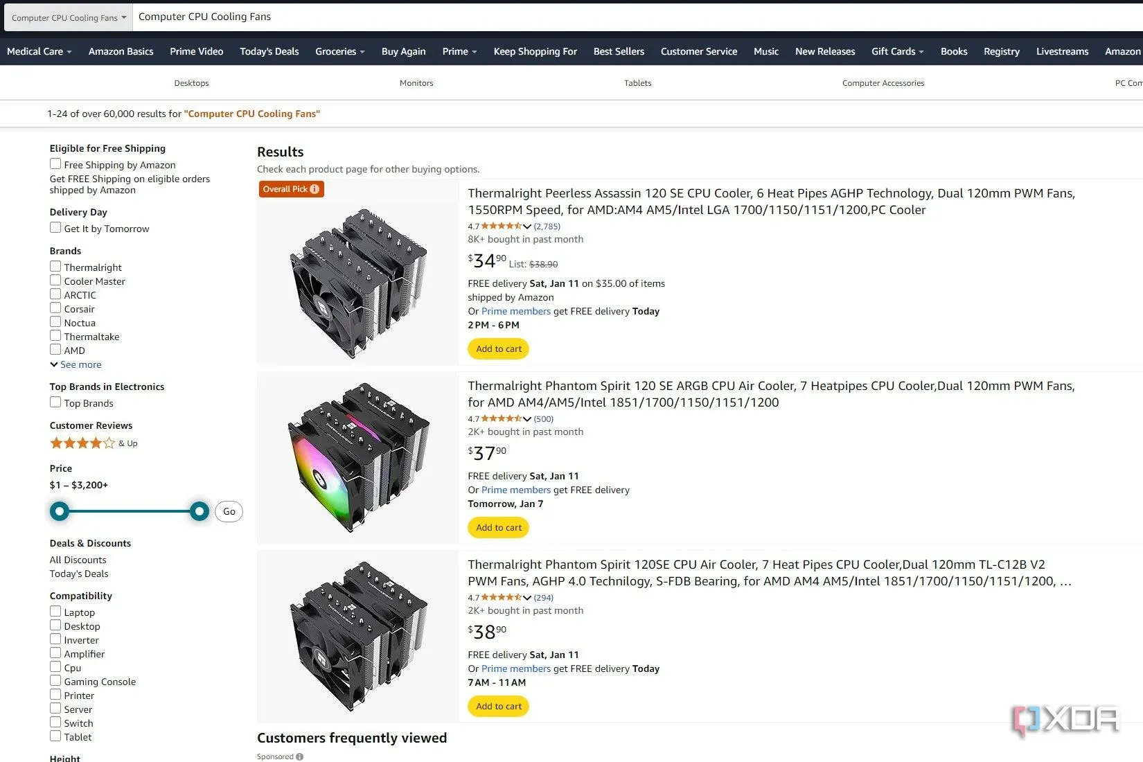 Kết quả tìm kiếm tản nhiệt CPU cho PC gaming trên Amazon hiển thị Thermalright Peerless Assassin 120 SE là &quot;Overall Pick&quot;
