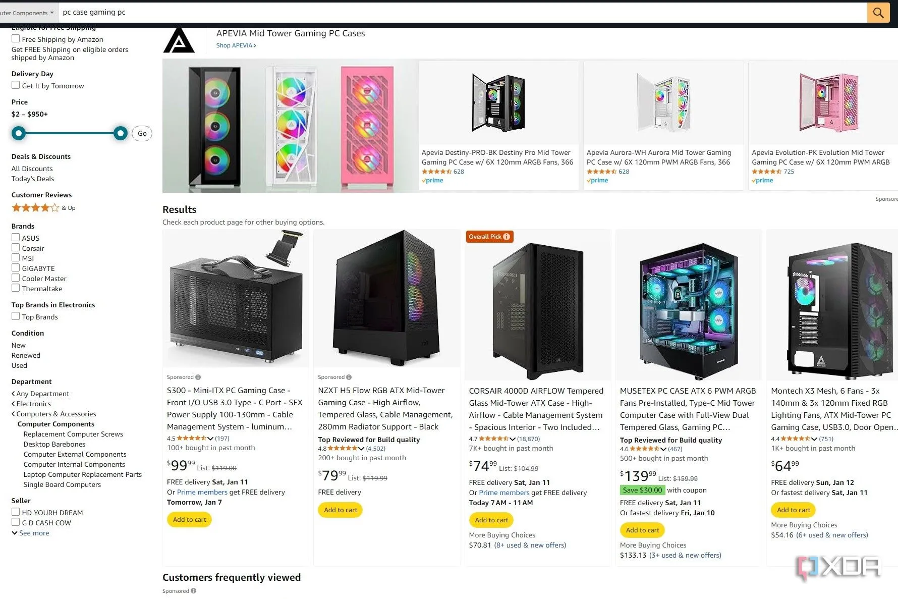 Kết quả tìm kiếm vỏ case PC gaming trên Amazon hiển thị Corsair 4000D Airflow là &quot;Overall Pick&quot;