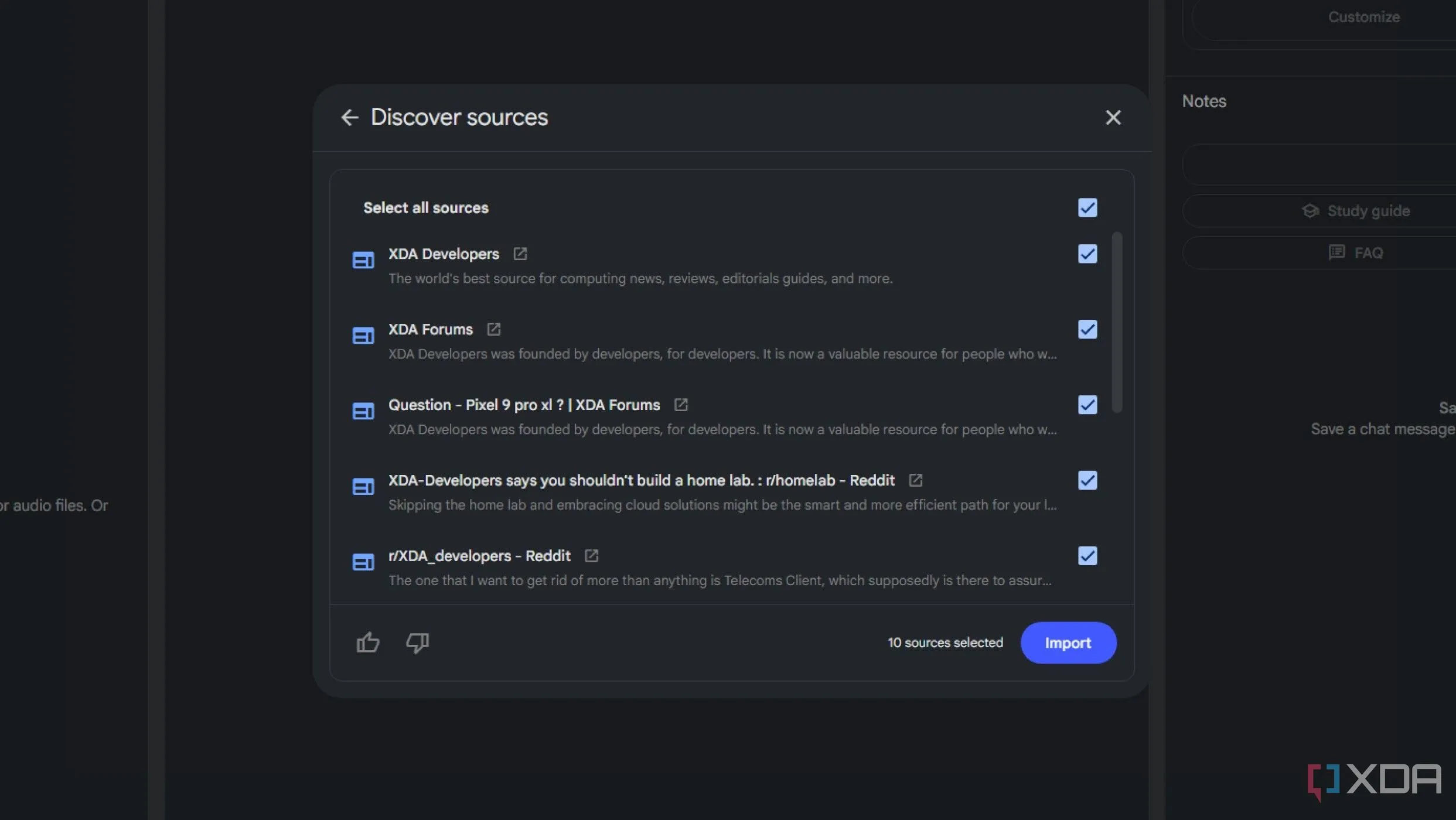 Kết quả tính năng Discover sources của NotebookLM khi tìm &quot;XDA-developers&quot;, hiển thị các nguồn web và Reddit được tuyển chọn