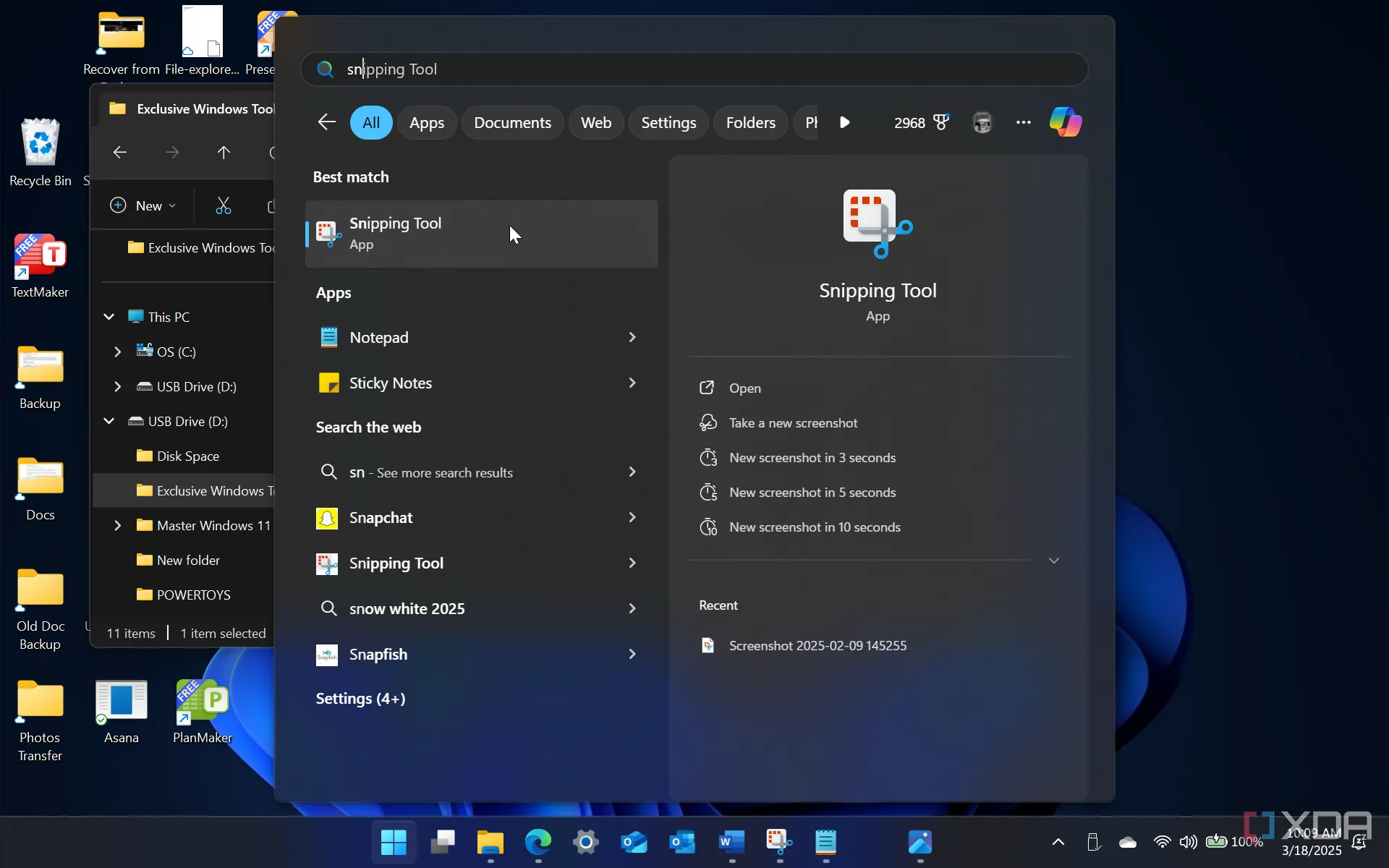 Khởi động Snipping Tool từ menu Start trên Windows 11, thể hiện sự tiện lợi của công cụ chụp màn hình tích hợp sẵn.