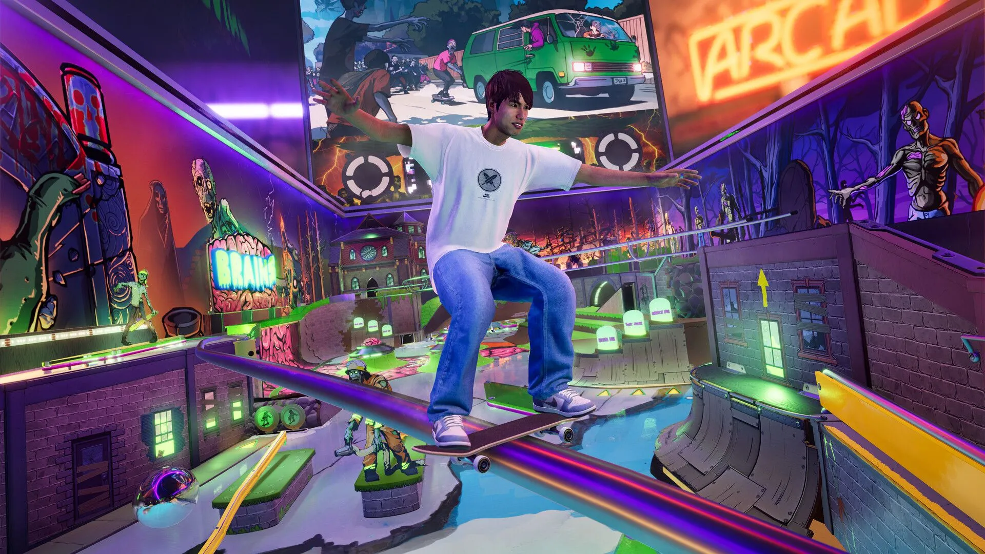 Khu Pinball Park trong Tony Hawk's Pro Skater 3 + 4, một địa điểm chơi game quen thuộc nay được tái tạo với cảm giác hiện đại.
