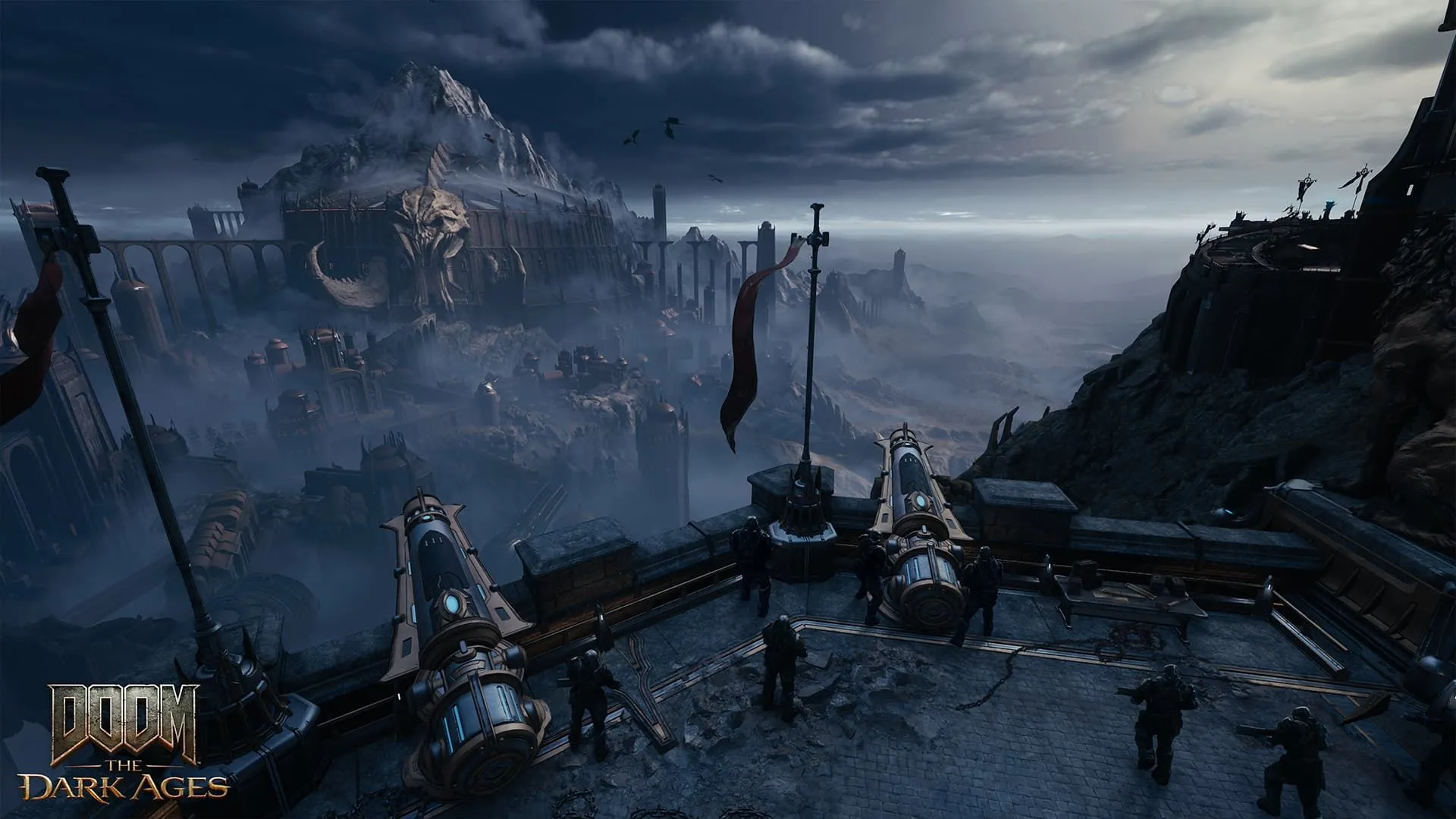 Khung cảnh chiến trường rộng lớn với pháo đài hùng vĩ trong Doom The Dark Ages, minh chứng cho thiết kế màn chơi mở rộng