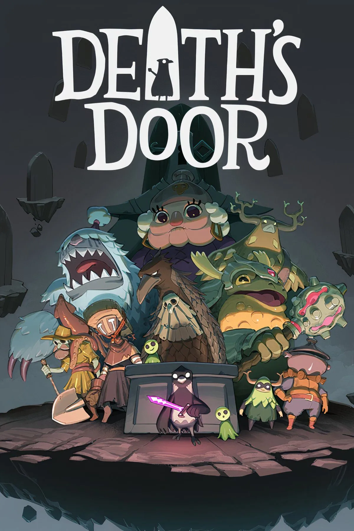 Khung cảnh gameplay của Death's Door, nhân vật quạ chiến đấu với quái vật trong một kiến trúc cổ kính, đồ họa top-down action-adventure
