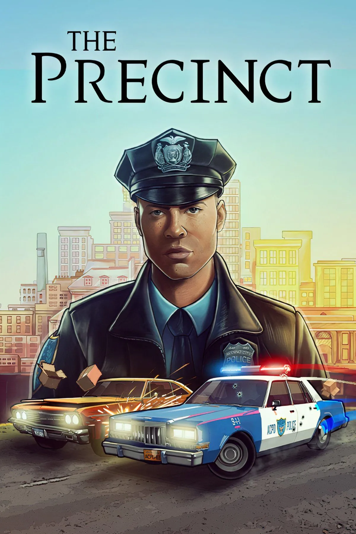 Khung cảnh thành phố giả tưởng kiểu New York trong game The Precinct, với xe cảnh sát và cuộc truy đuổi