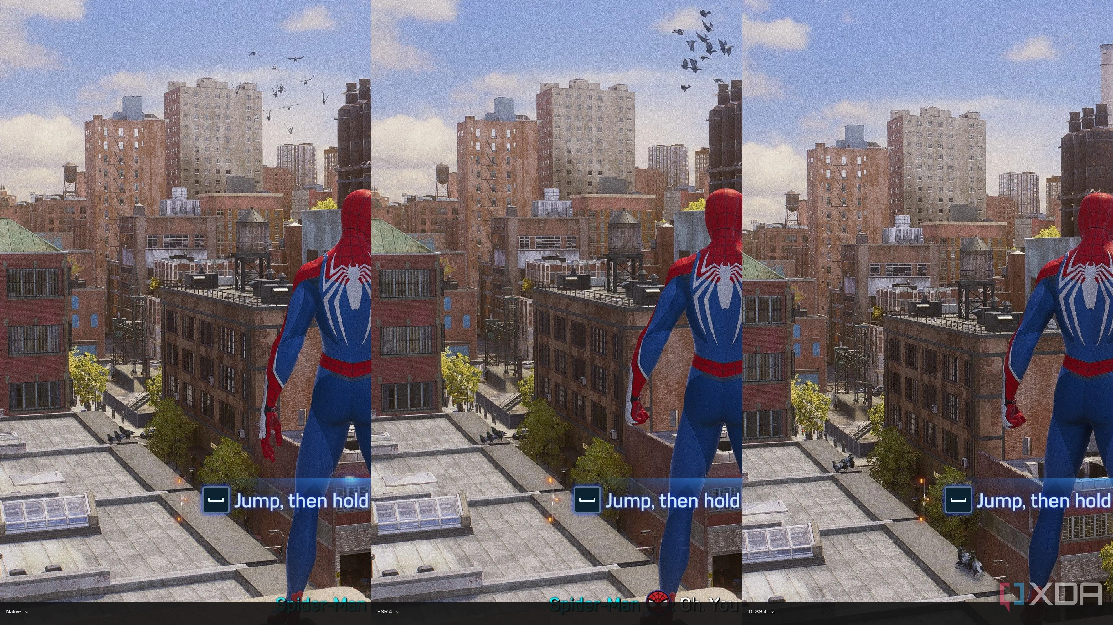 Khung cảnh thành phố trong Marvel's Spider-Man 2 được tái hiện với FSR 4 và DLSS 4, làm nổi bật sự khác biệt nhỏ về độ sắc nét và tương phản