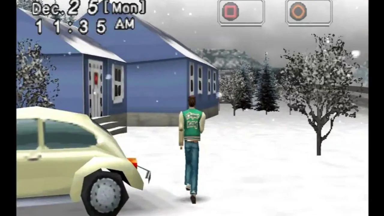 Khung cảnh thị trấn Mizzurna Falls phủ tuyết trắng trong game PS1