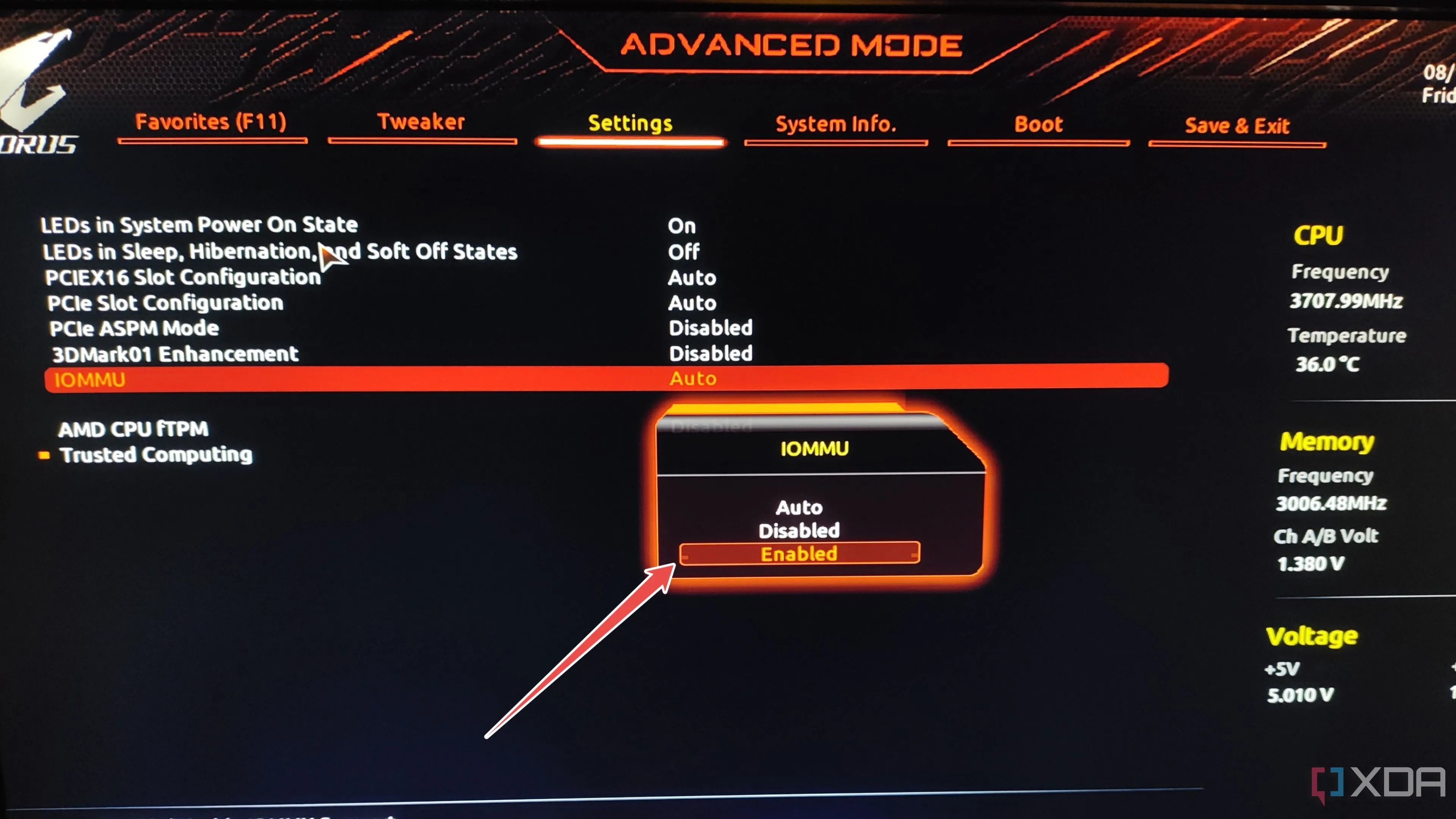 Kích hoạt tính năng IOMMU trong cài đặt BIOS để hỗ trợ ảo hóa Qubes OS