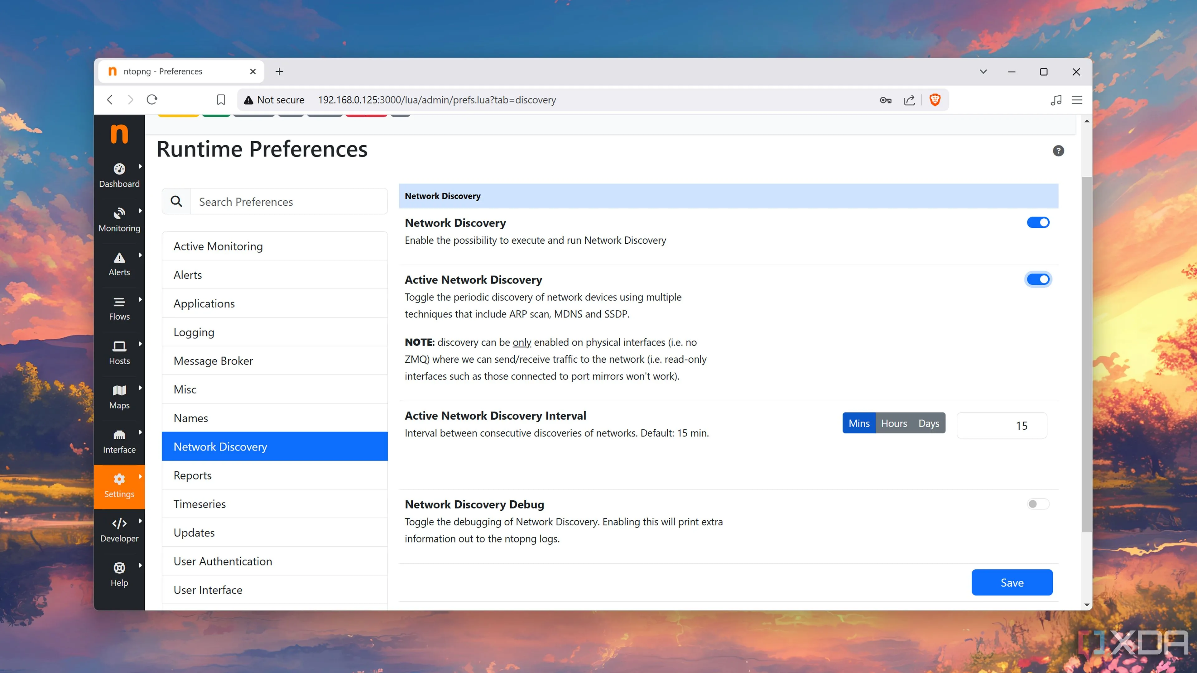 Kích hoạt tính năng Network Discovery trong phần Preferences của cài đặt ntopng