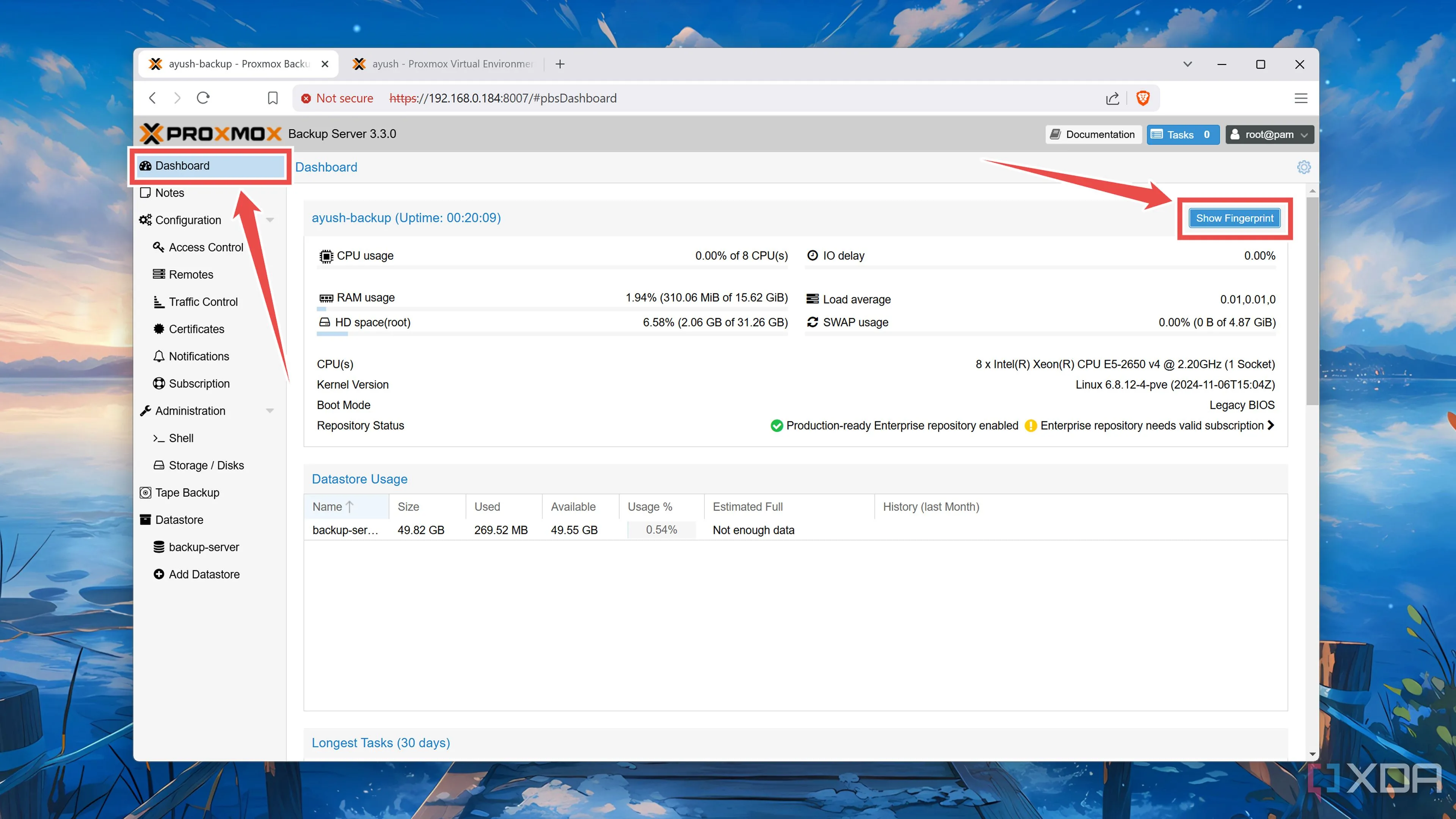 Kiểm tra mã Fingerprint trên Dashboard của Proxmox Backup Server để xác thực kết nối.