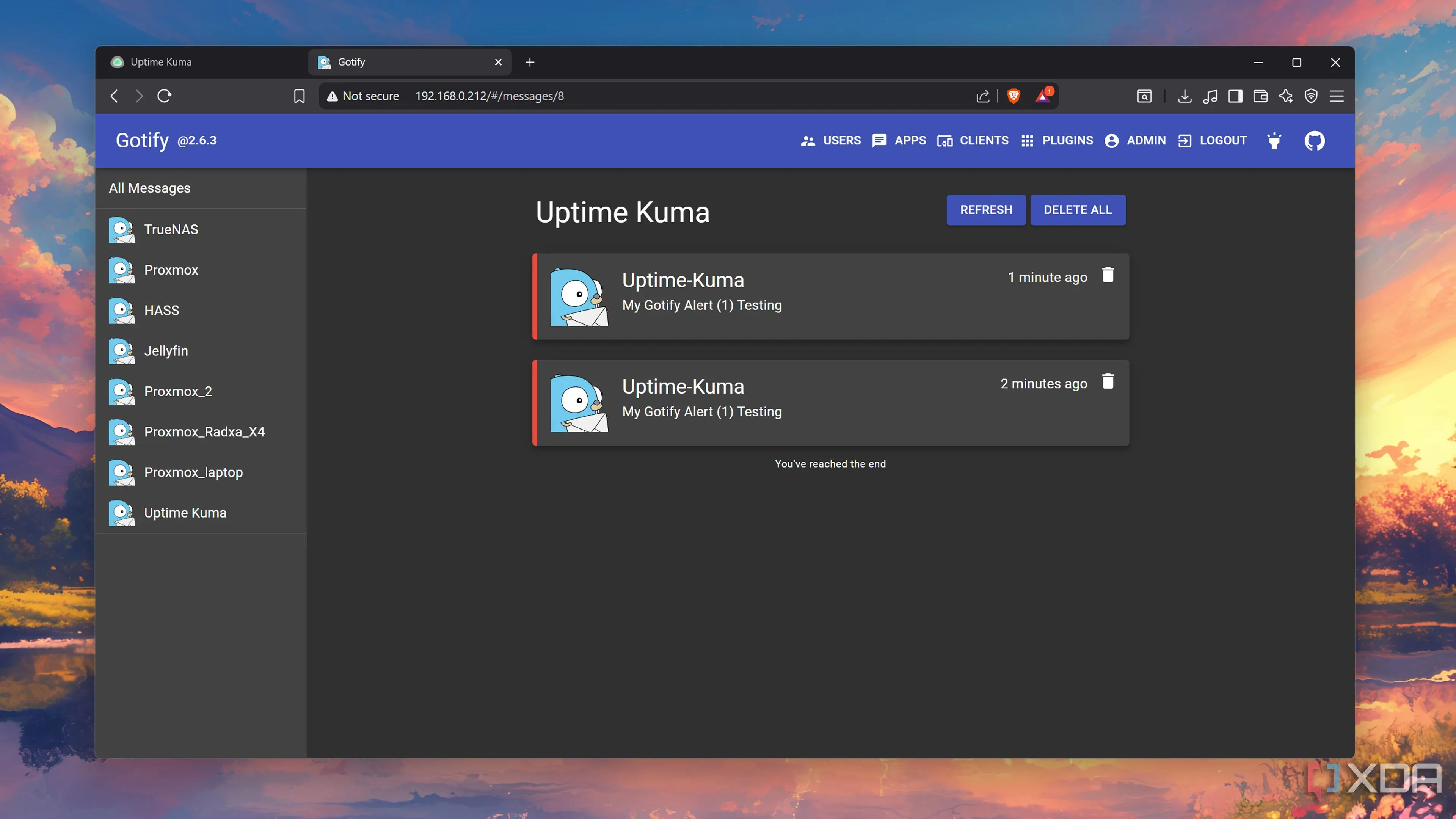 Kiểm tra thông báo từ Uptime Kuma trên giao diện Gotify