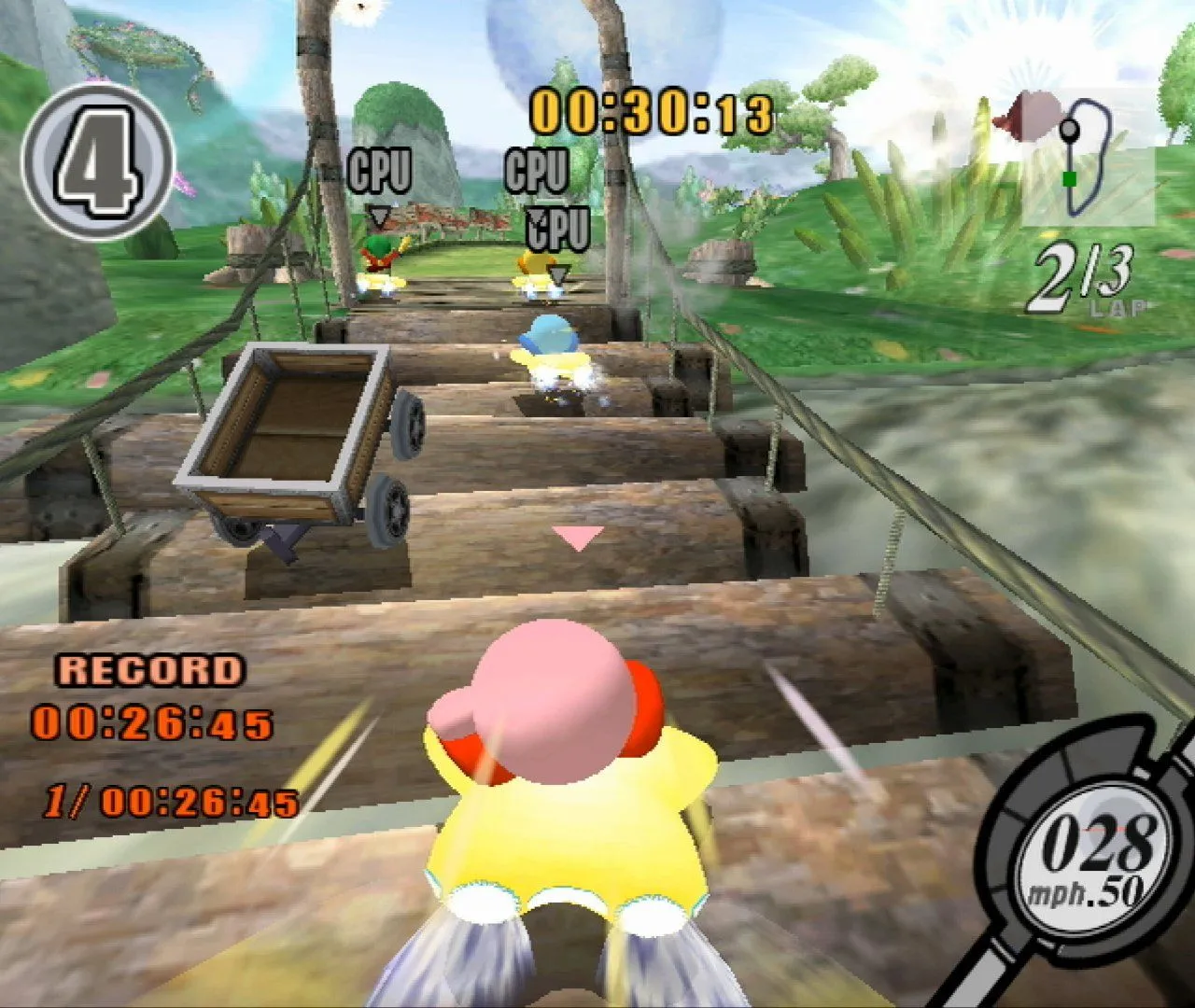 Kirby lái xe trên cầu gỗ trong gameplay Kirby Air Ride, một game đua xe cult classic của Nintendo