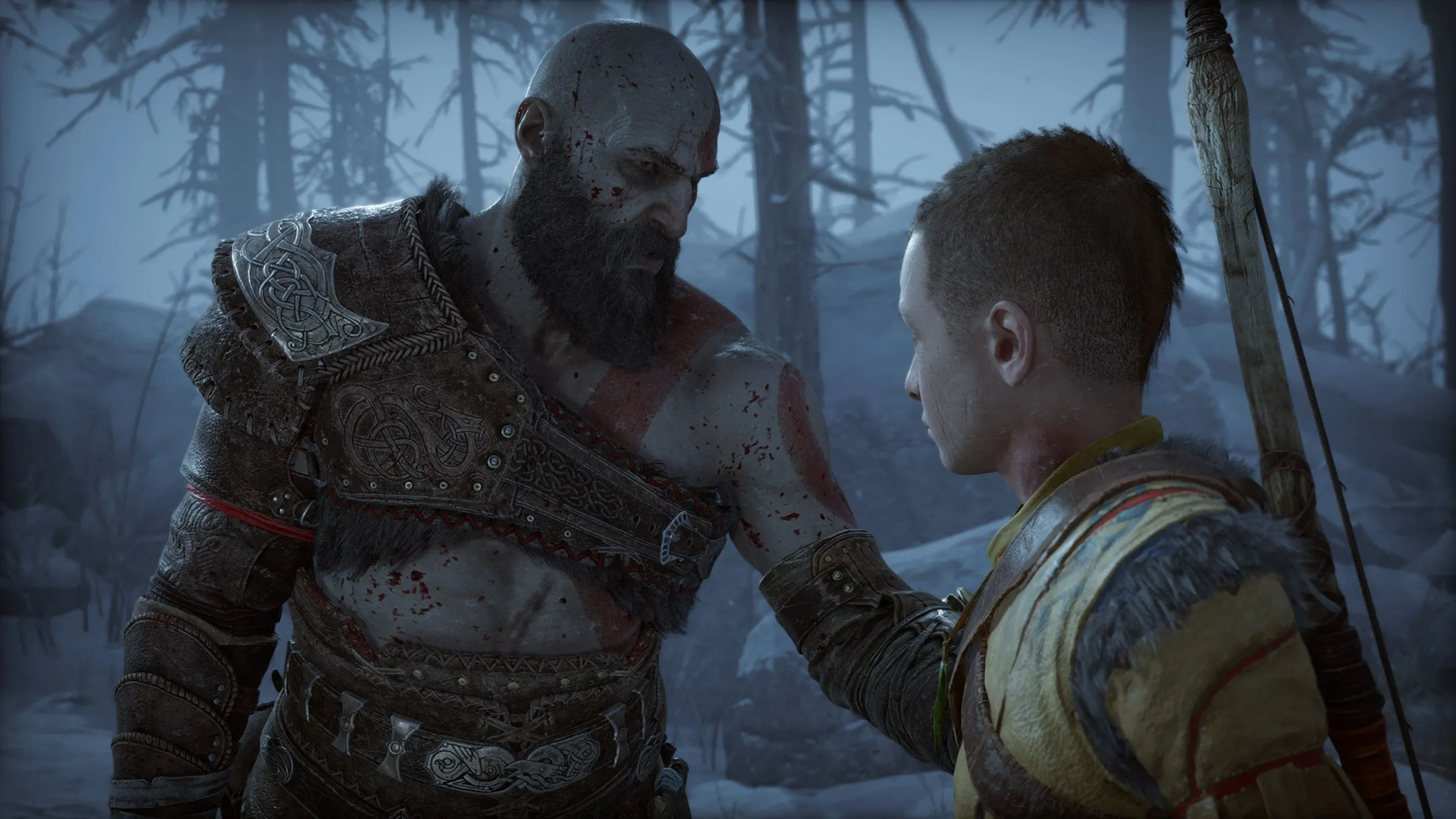 Kratos và Atreus trong God of War Ragnarök, khám phá thế giới thần thoại Bắc Âu rộng lớn, một siêu phẩm trên PlayStation Plus Premium.