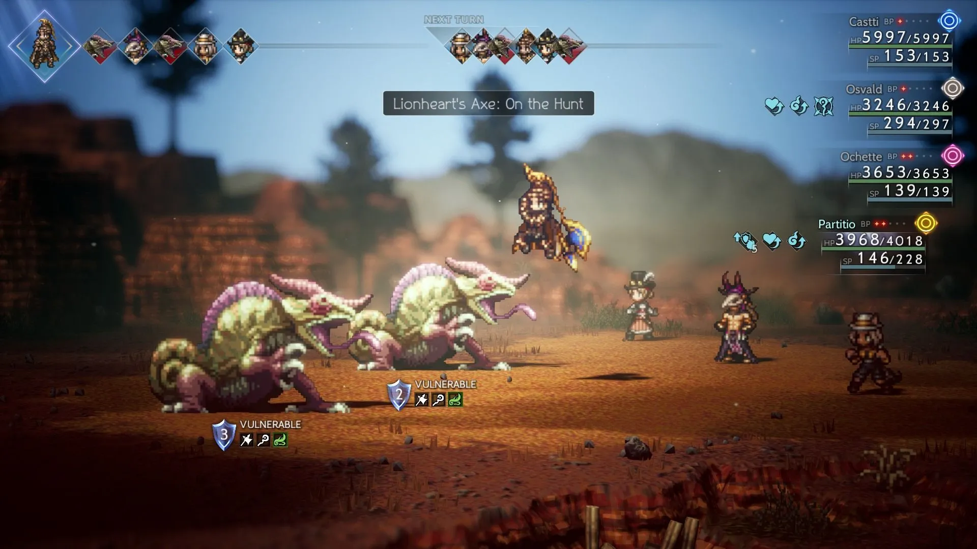 Kỹ năng Lionheart's Axe trong Octopath Traveler 2 với đồ họa HD-2D đẹp mắt trên Xbox Game Pass