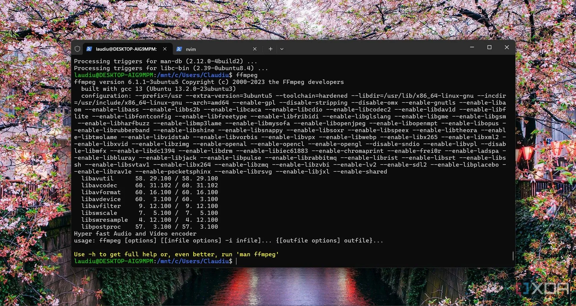 Lệnh ffmpeg được thực thi trong WSL trên Windows 11 để xử lý video, thể hiện hiệu suất mã hóa và chuyển đổi định dạng vượt trội.