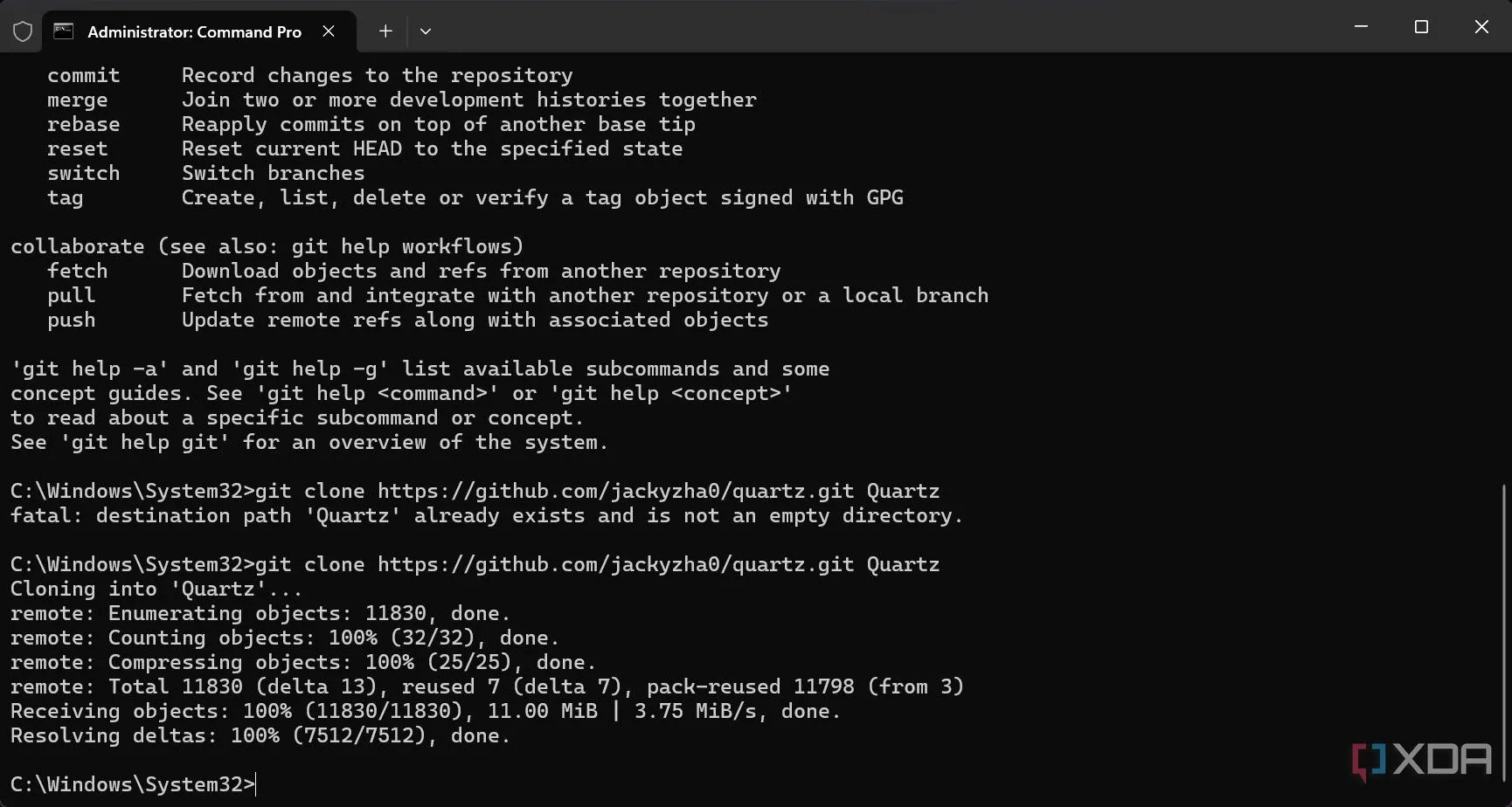 Lệnh Git đang thực hiện quá trình clone kho lưu trữ Quartz từ GitHub vào máy tính cục bộ.