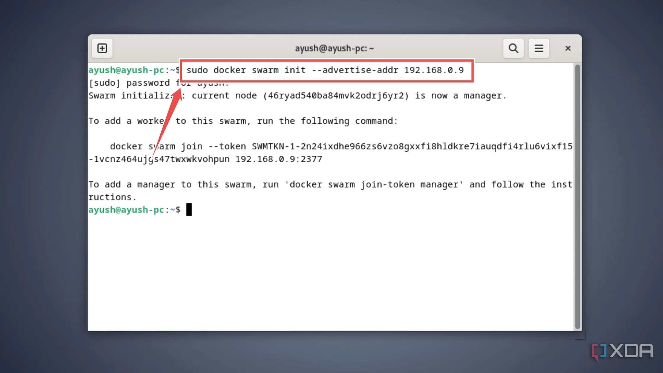 Lệnh khởi tạo Docker Swarm với địa chỉ IP của node quản lý