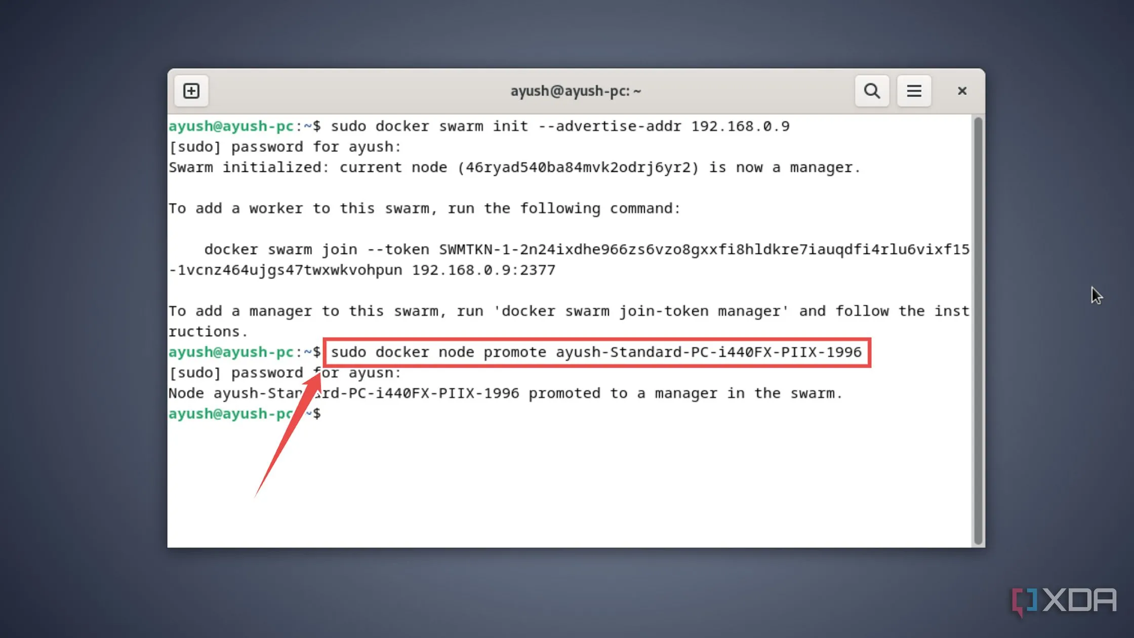 Lệnh nâng cấp quyền của một node worker lên manager trong Docker Swarm