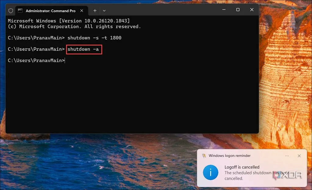 Lệnh shutdown -a trong Command Prompt để hủy hẹn giờ tắt máy