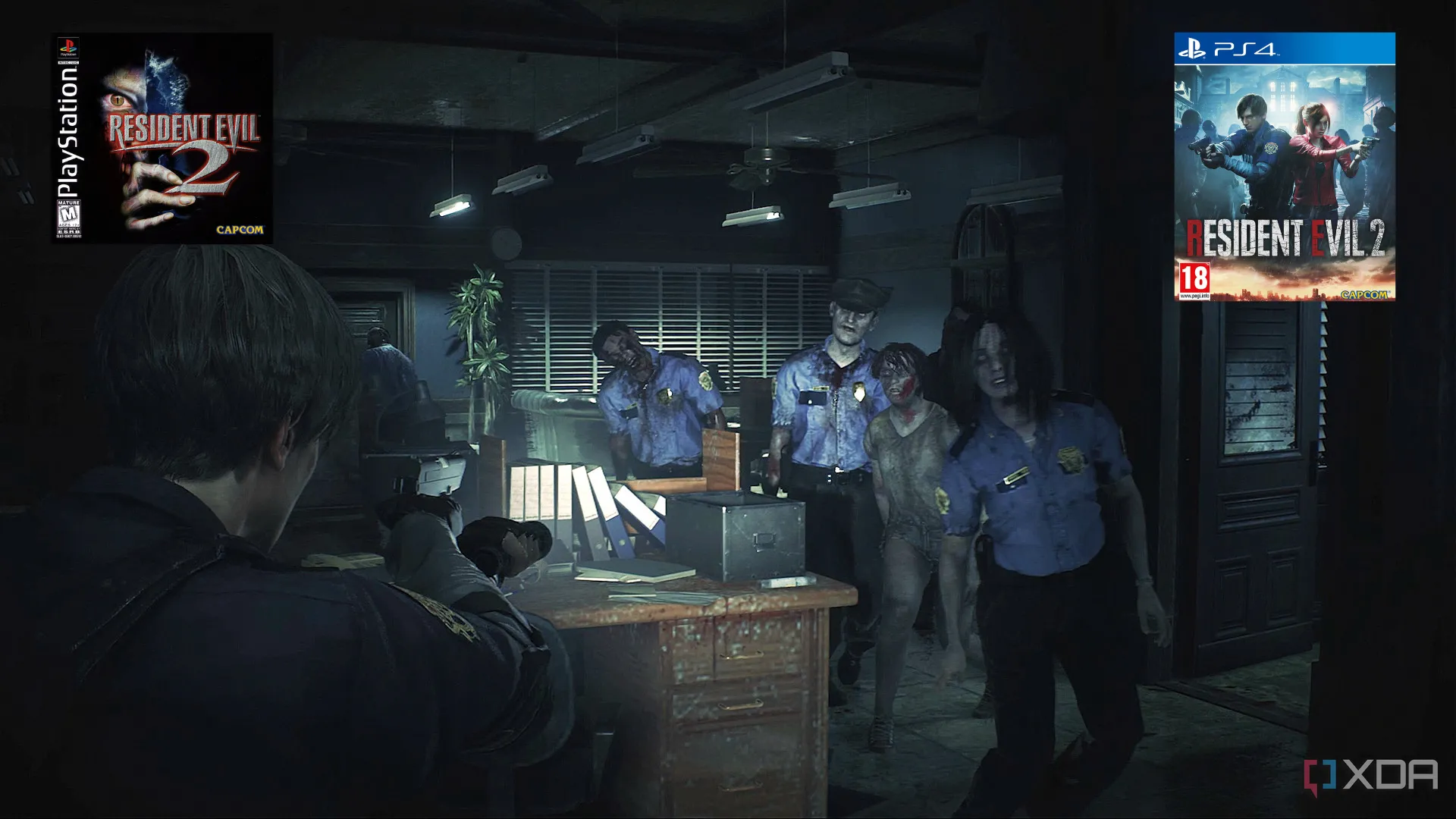 Leon S. Kennedy chiến đấu với zombie trong game Resident Evil 2 remake