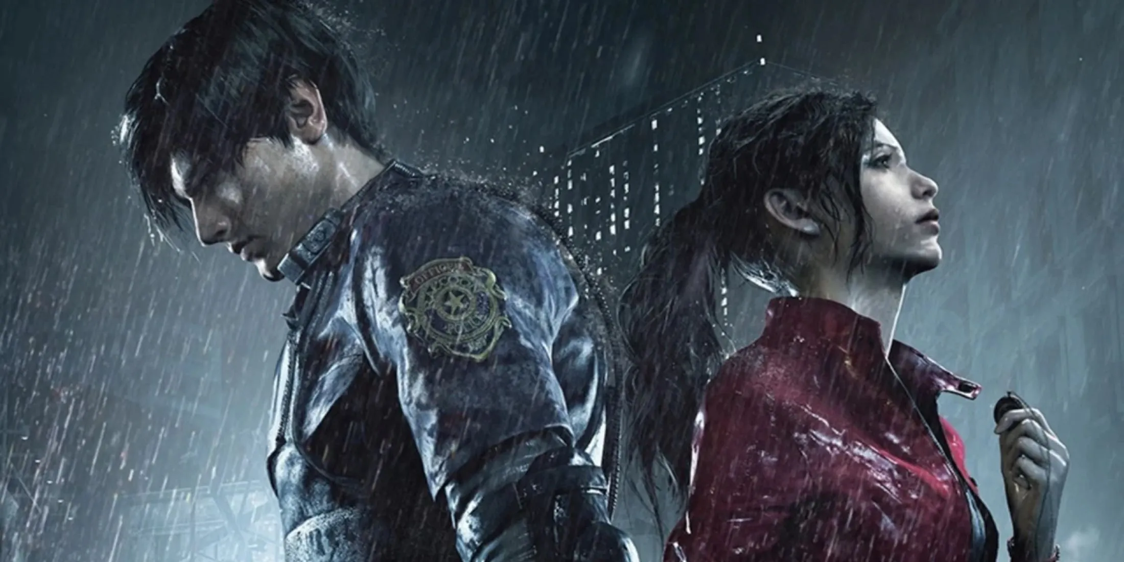 Leon S. Kennedy và Claire Redfield đứng tựa lưng vào nhau dưới mưa trong Resident Evil 2 Remake