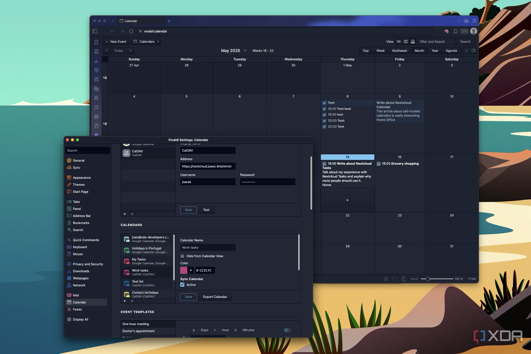 Lịch Vivaldi tích hợp Nextcloud Tasks trên PC