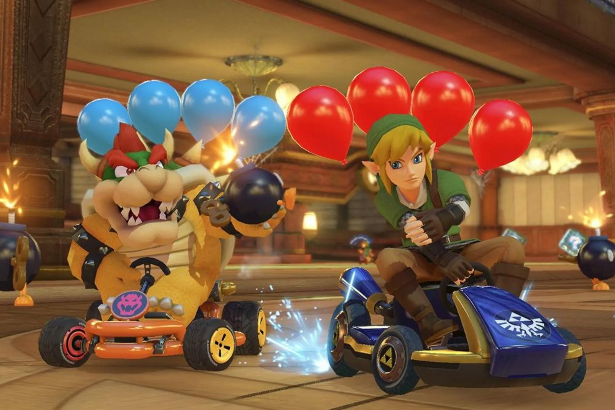 Link và Bowser đang đua xe trên đường đua trong Mario Kart 8 Deluxe