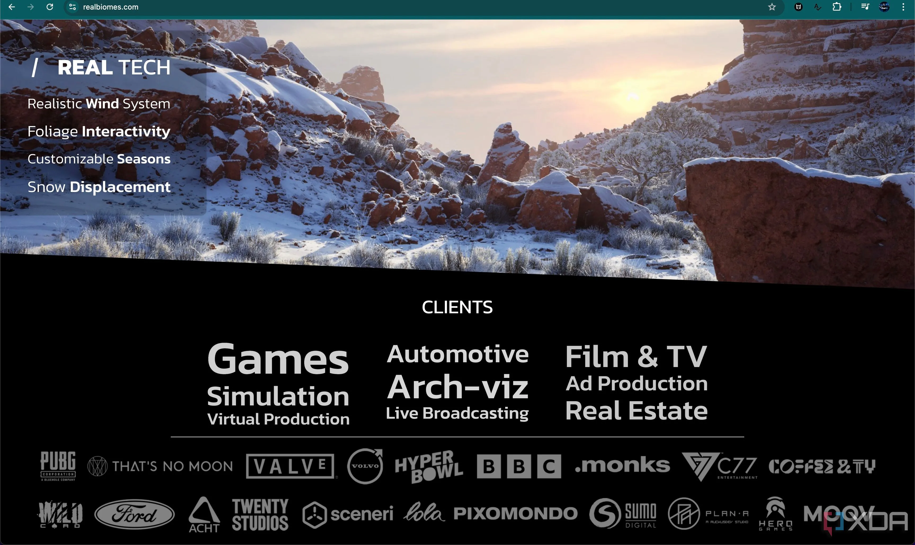 Logo RealBiomes trên trang web khách hàng của họ, liệt kê Valve