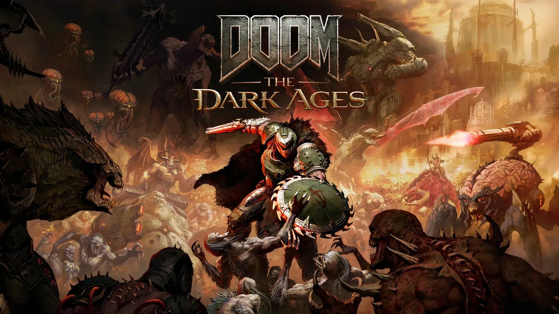 Logo và key art của tựa game Doom: The Dark Ages, thể hiện sự tiếp nối của dòng game FPS huyền thoại.