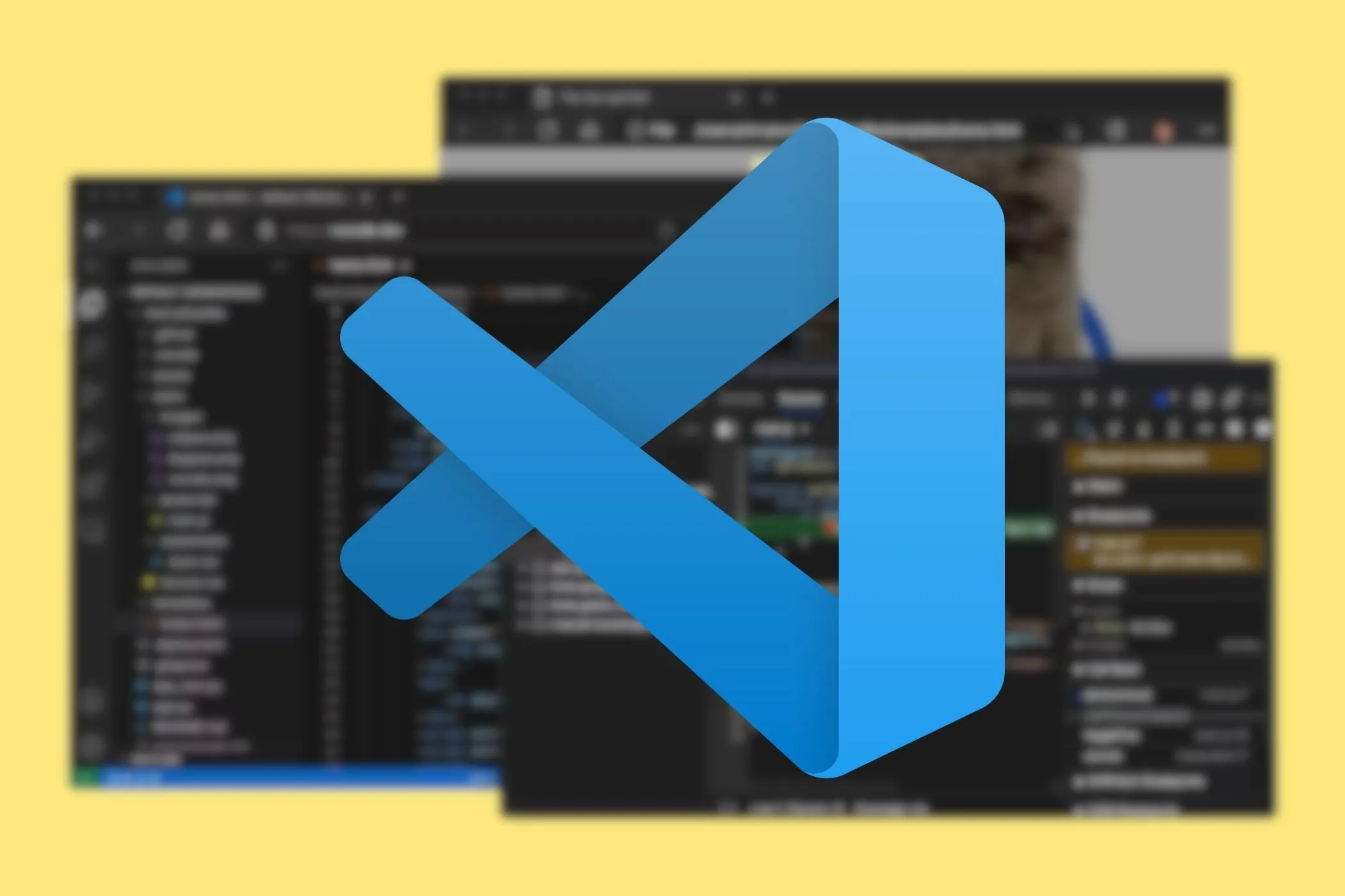 Logo Visual Studio Code với các cửa sổ phía sau
