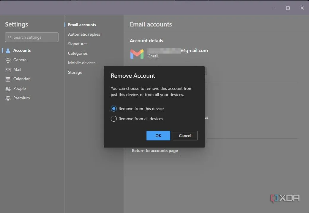 Lời nhắc xác nhận xóa tài khoản Outlook khỏi thiết bị Windows hoặc tất cả thiết bị