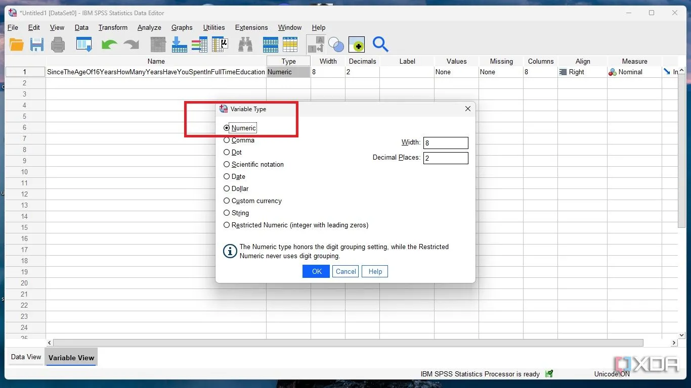 Lựa chọn kiểu dữ liệu Numeric cho biến trong phần mềm SPSS